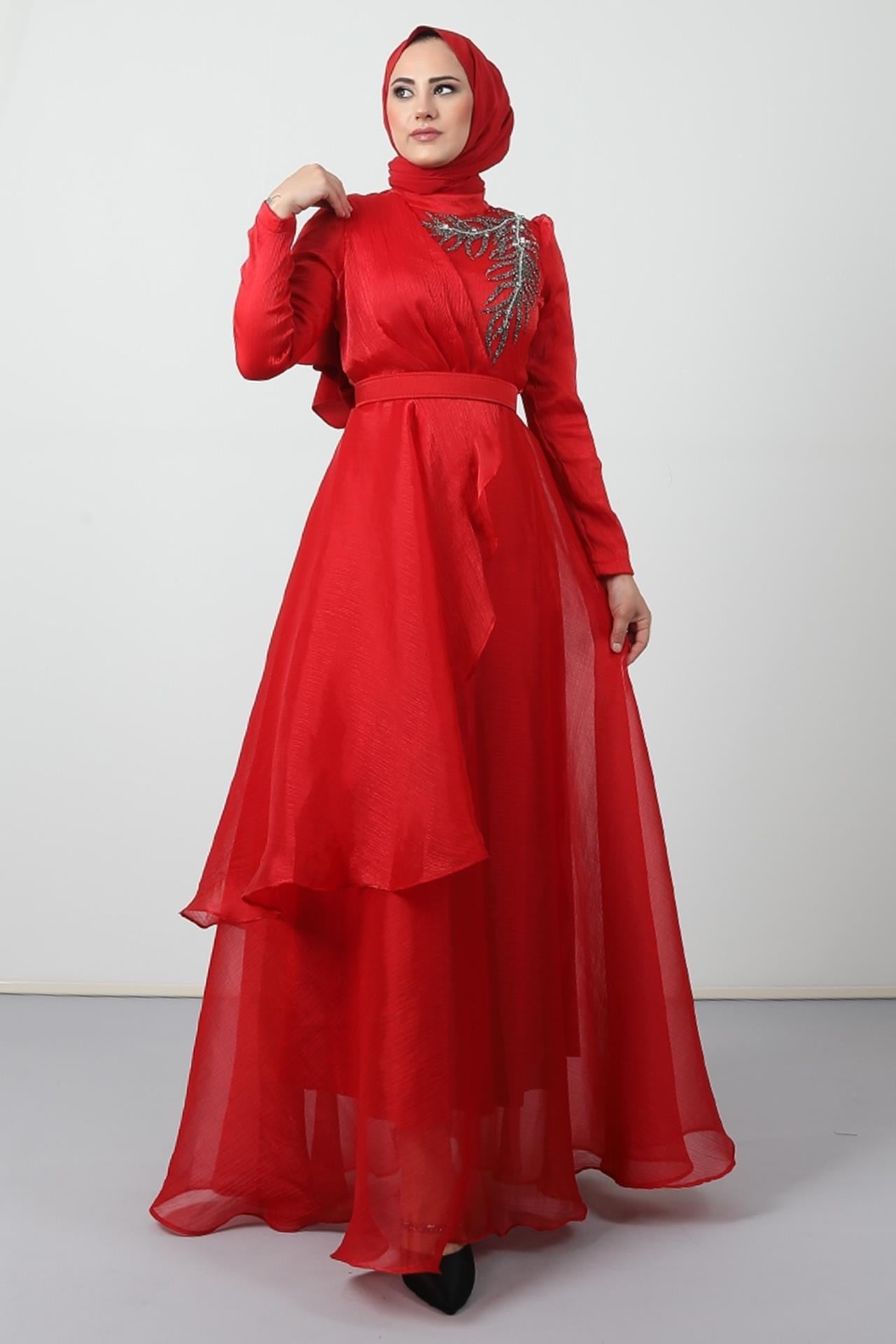 Taşlı Organze Abiye Kırmızı
