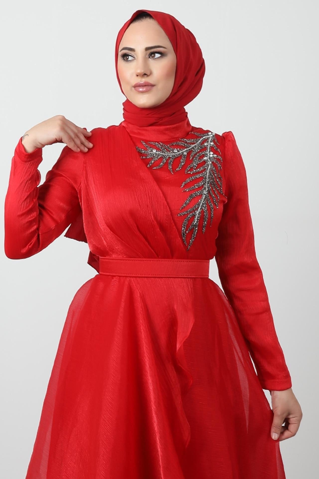 Taşlı Organze Abiye Kırmızı