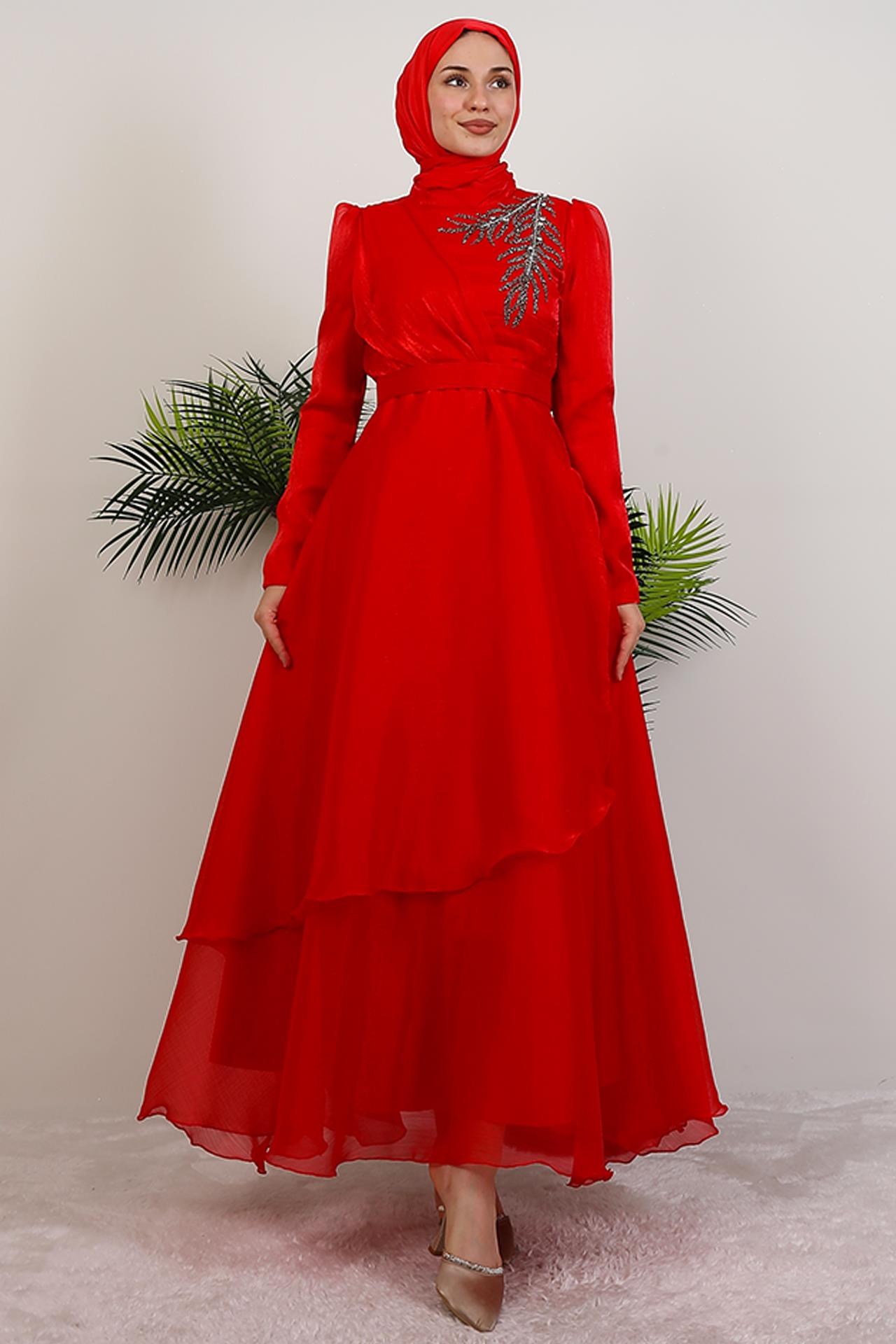 Taşlı Organze Abiye Kırmızı