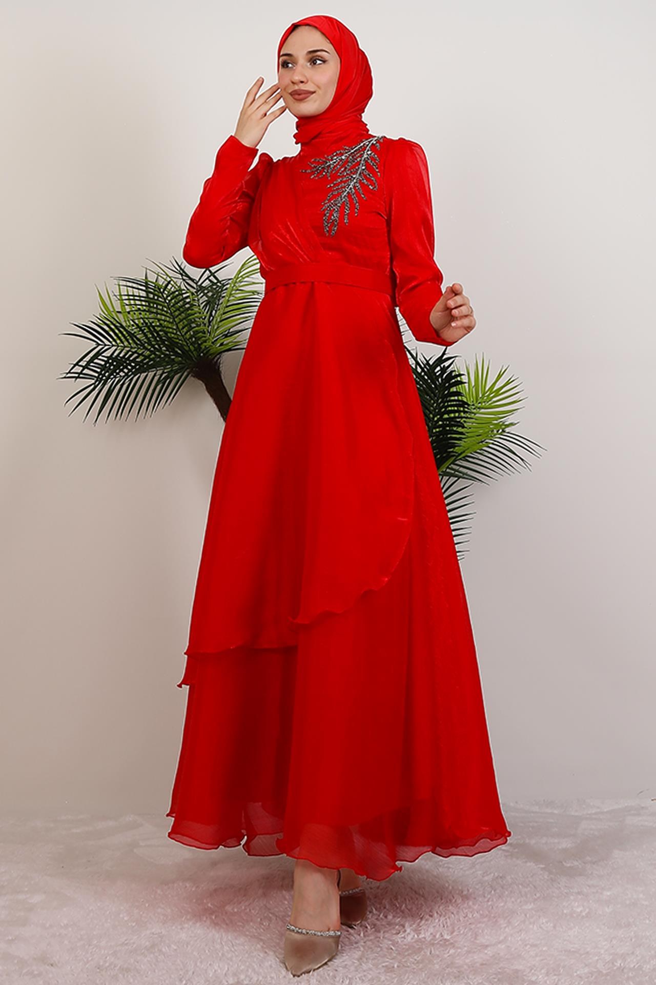 Taşlı Organze Abiye Kırmızı