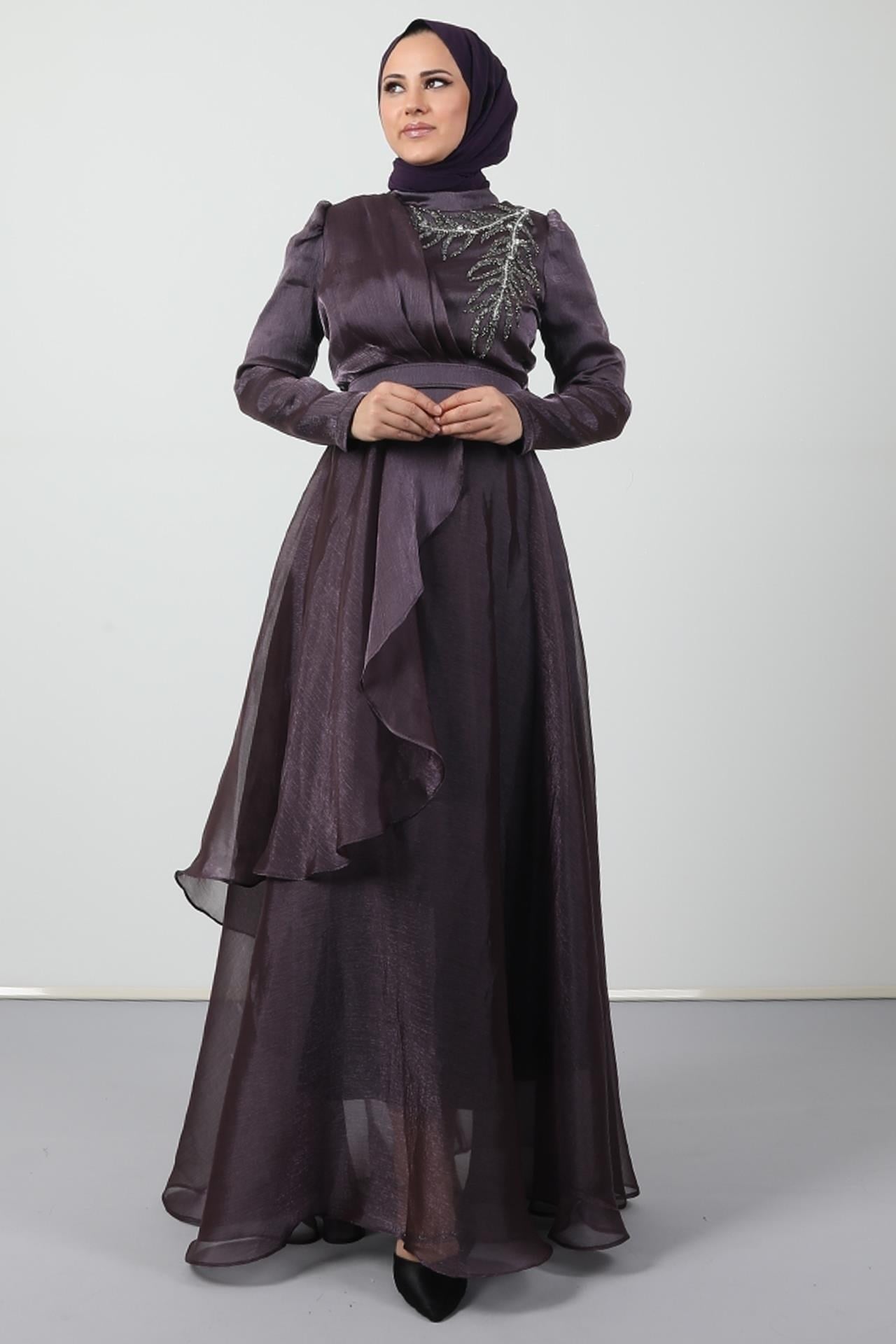 Taşlı Organze Abiye Koyu Lila