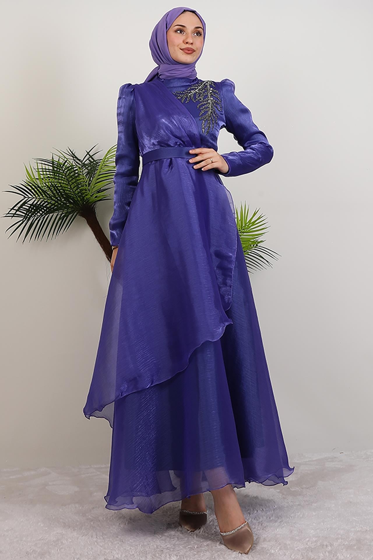 Taşlı Organze Abiye Koyu Lila