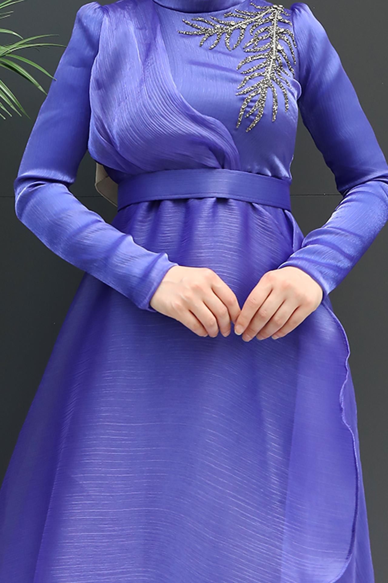 Taşlı Organze Abiye Koyu Lila