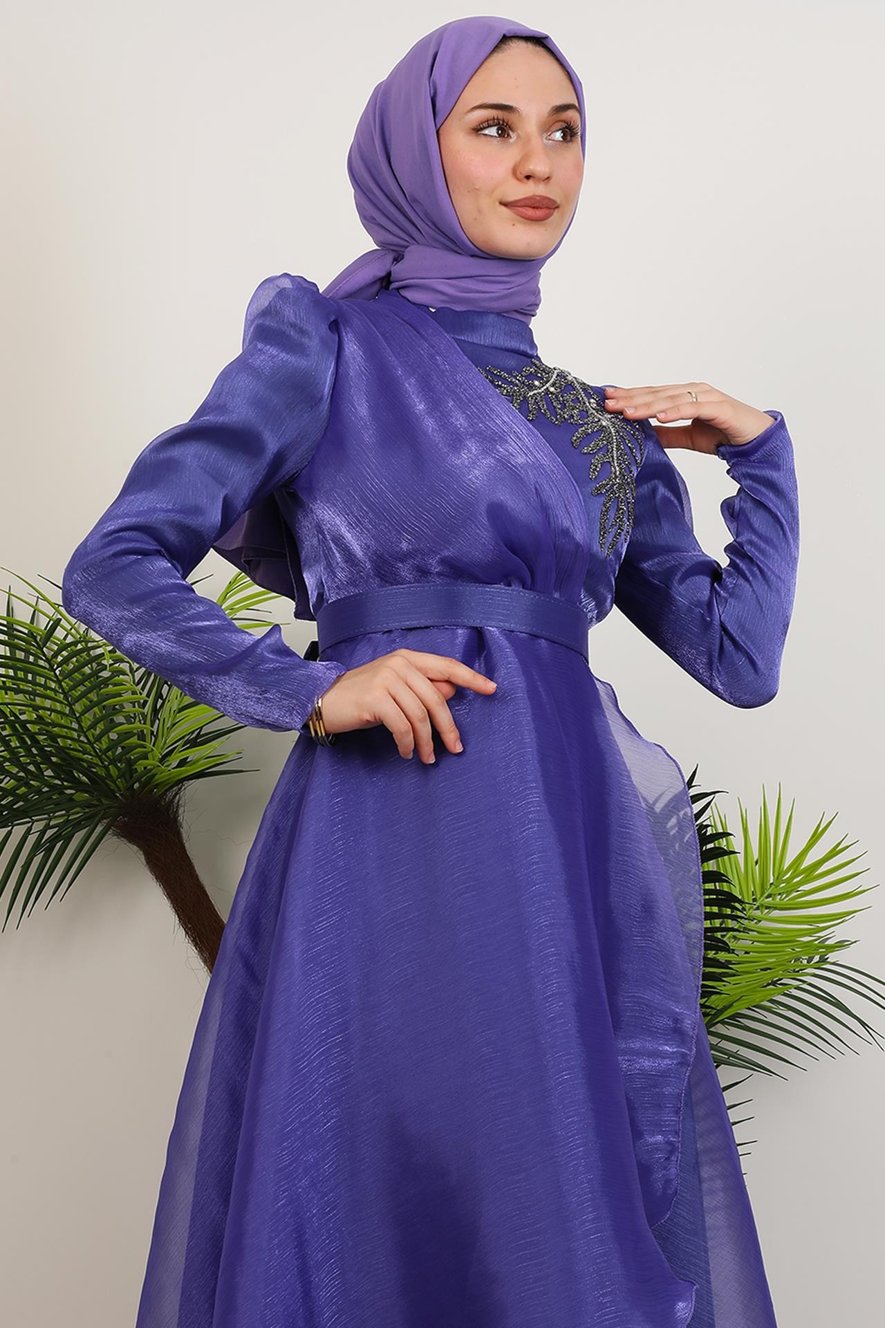Taşlı Organze Abiye Koyu Lila