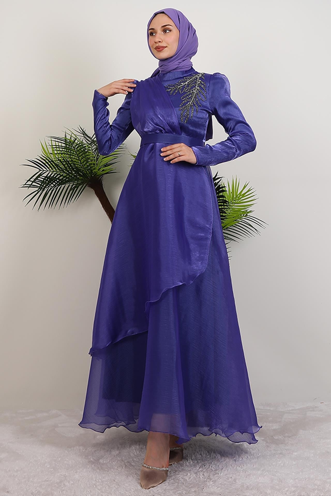 Taşlı Organze Abiye Koyu Lila