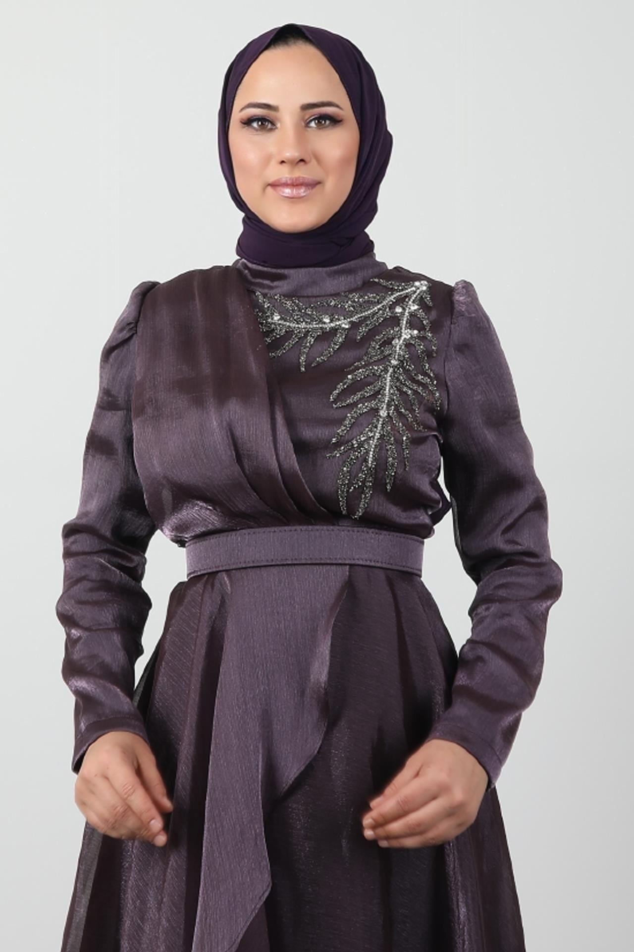 Taşlı Organze Abiye Koyu Lila