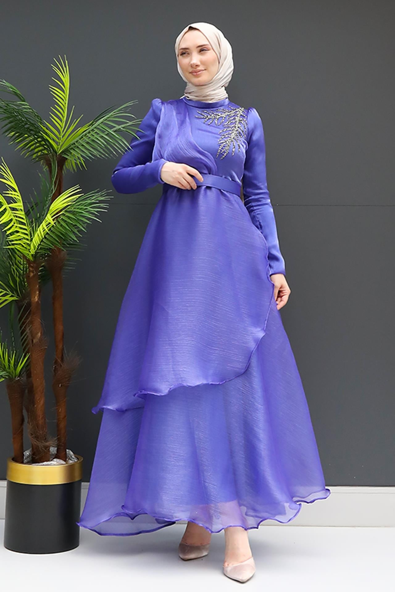 Taşlı Organze Abiye Koyu Lila