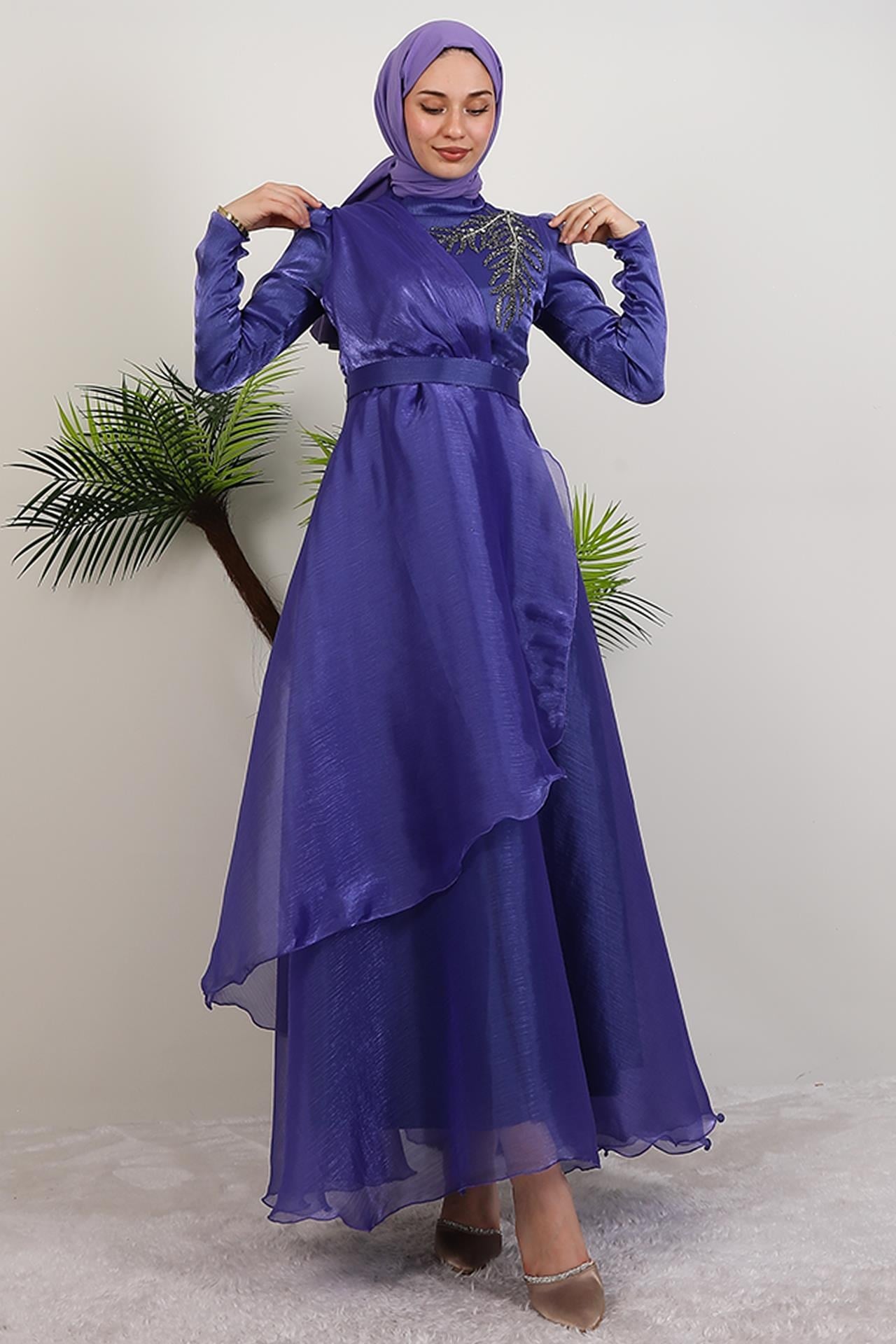 Taşlı Organze Abiye Koyu Lila