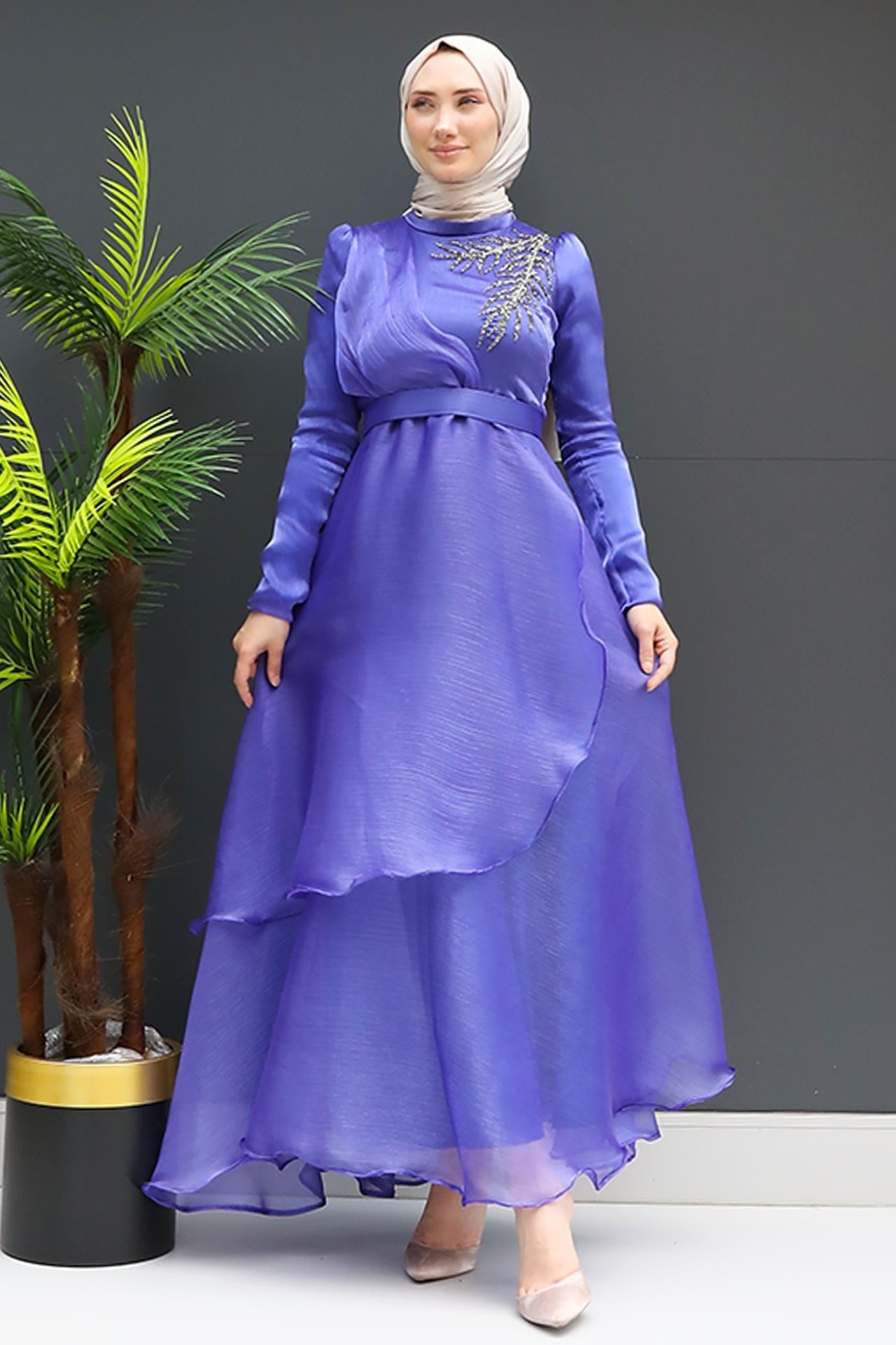 Taşlı Organze Abiye Koyu Lila