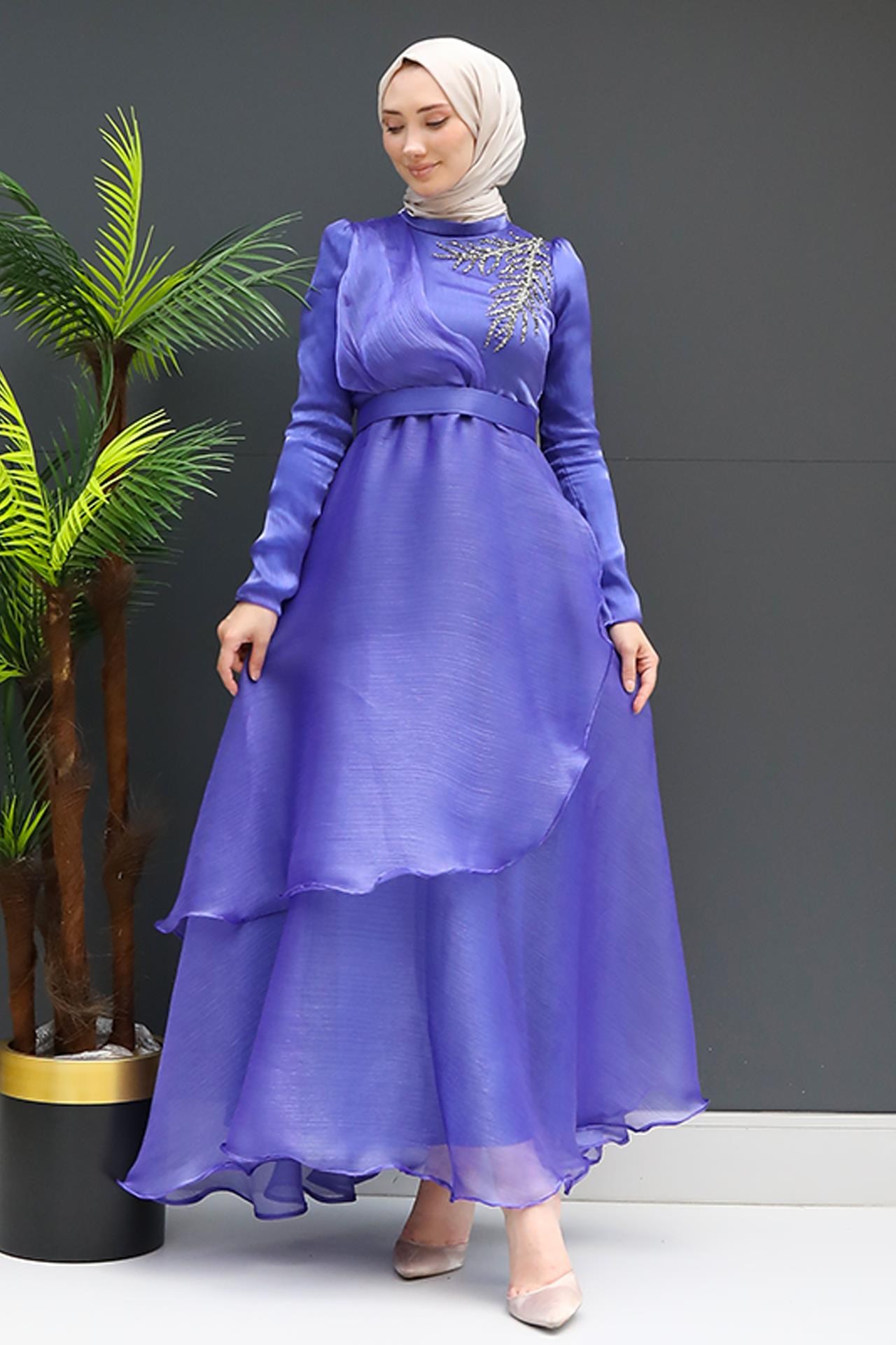 Taşlı Organze Abiye Koyu Lila