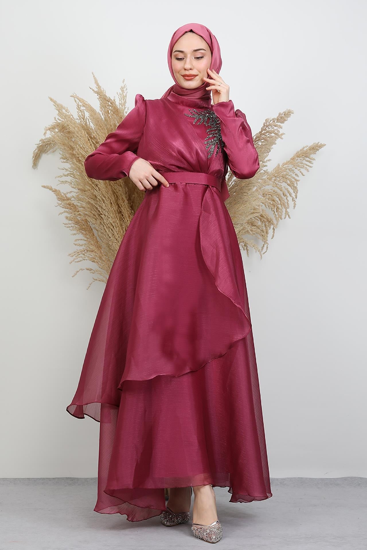 Taşlı Organze Abiye Koyu Pembe