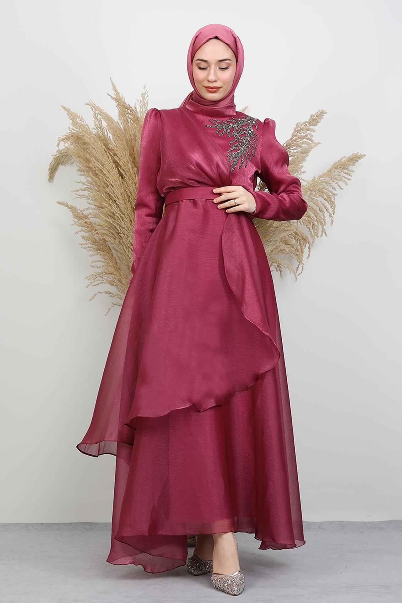 Taşlı Organze Abiye Koyu Pembe