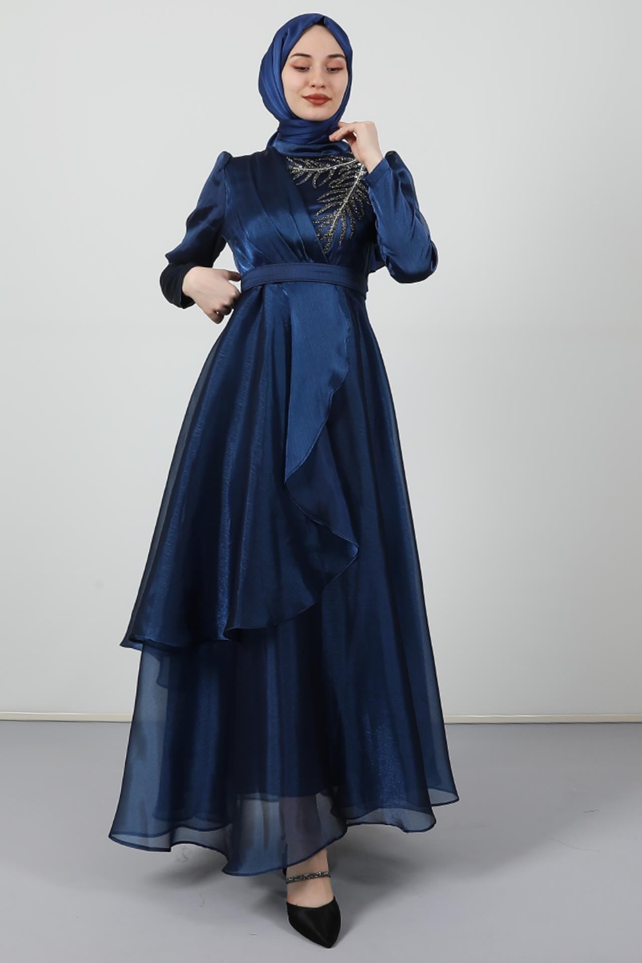 Taşlı Organze Abiye Lacivert