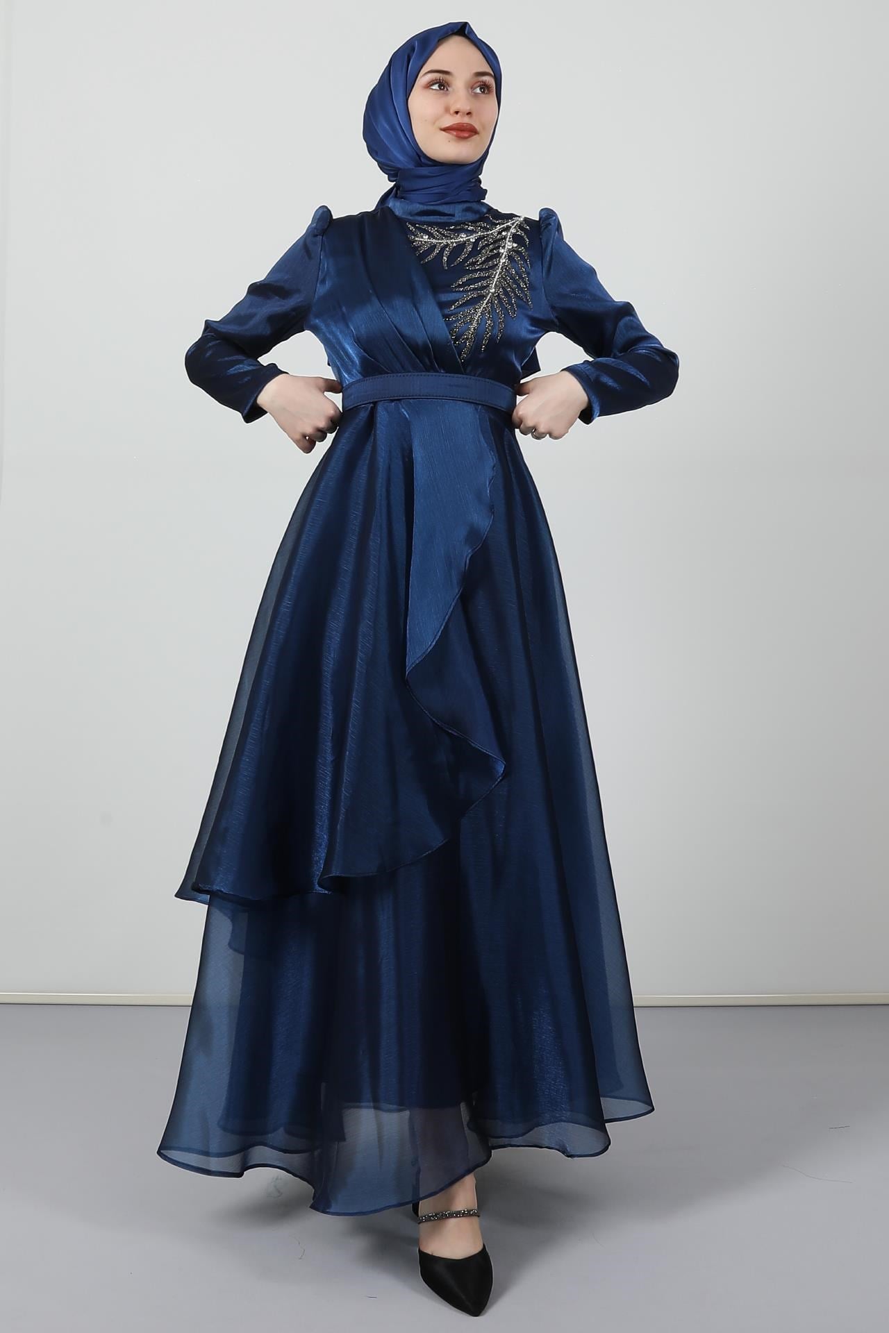 Taşlı Organze Abiye Lacivert