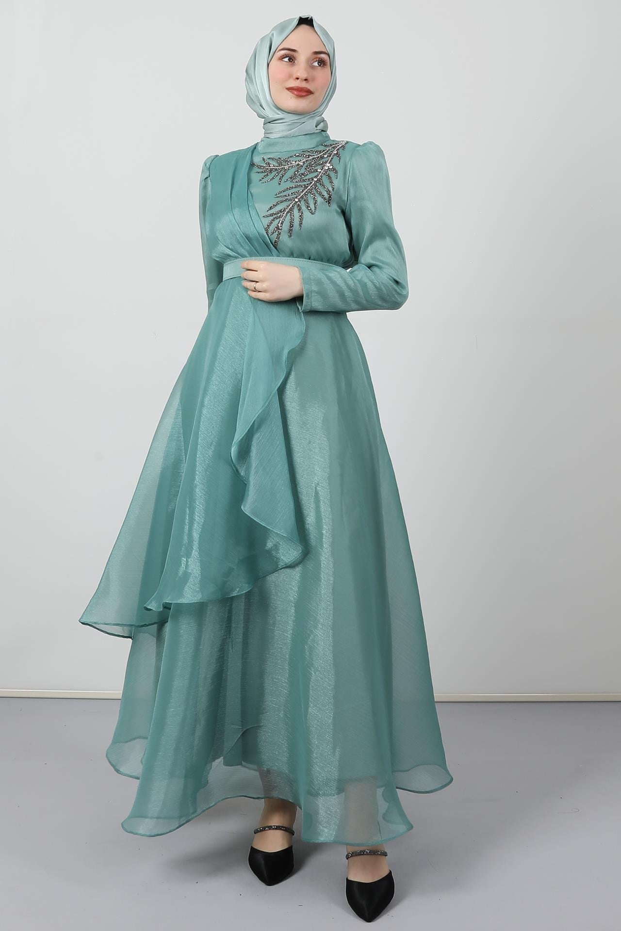 Taşlı Organze Abiye Mint