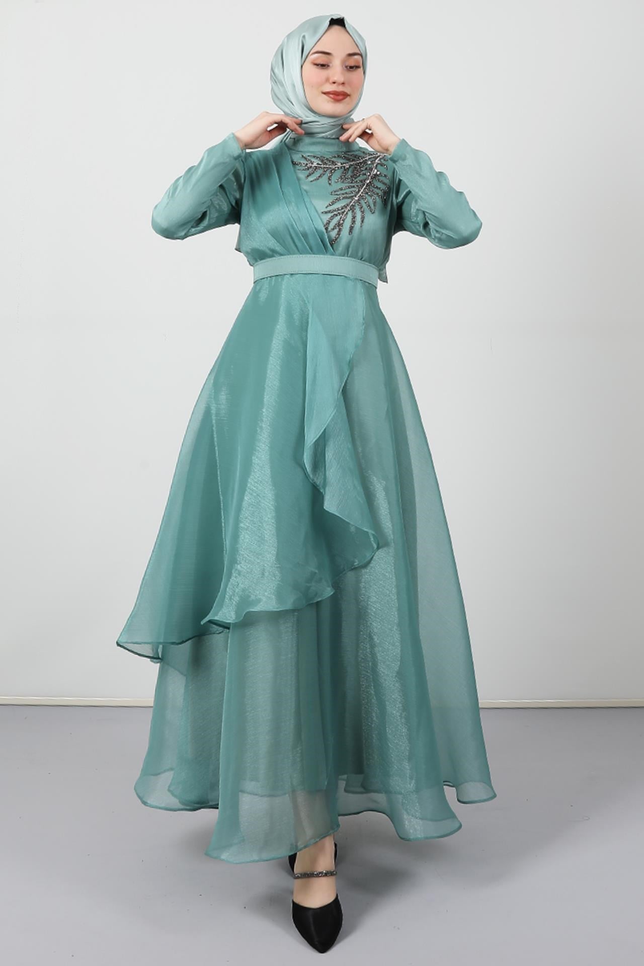 Taşlı Organze Abiye Mint