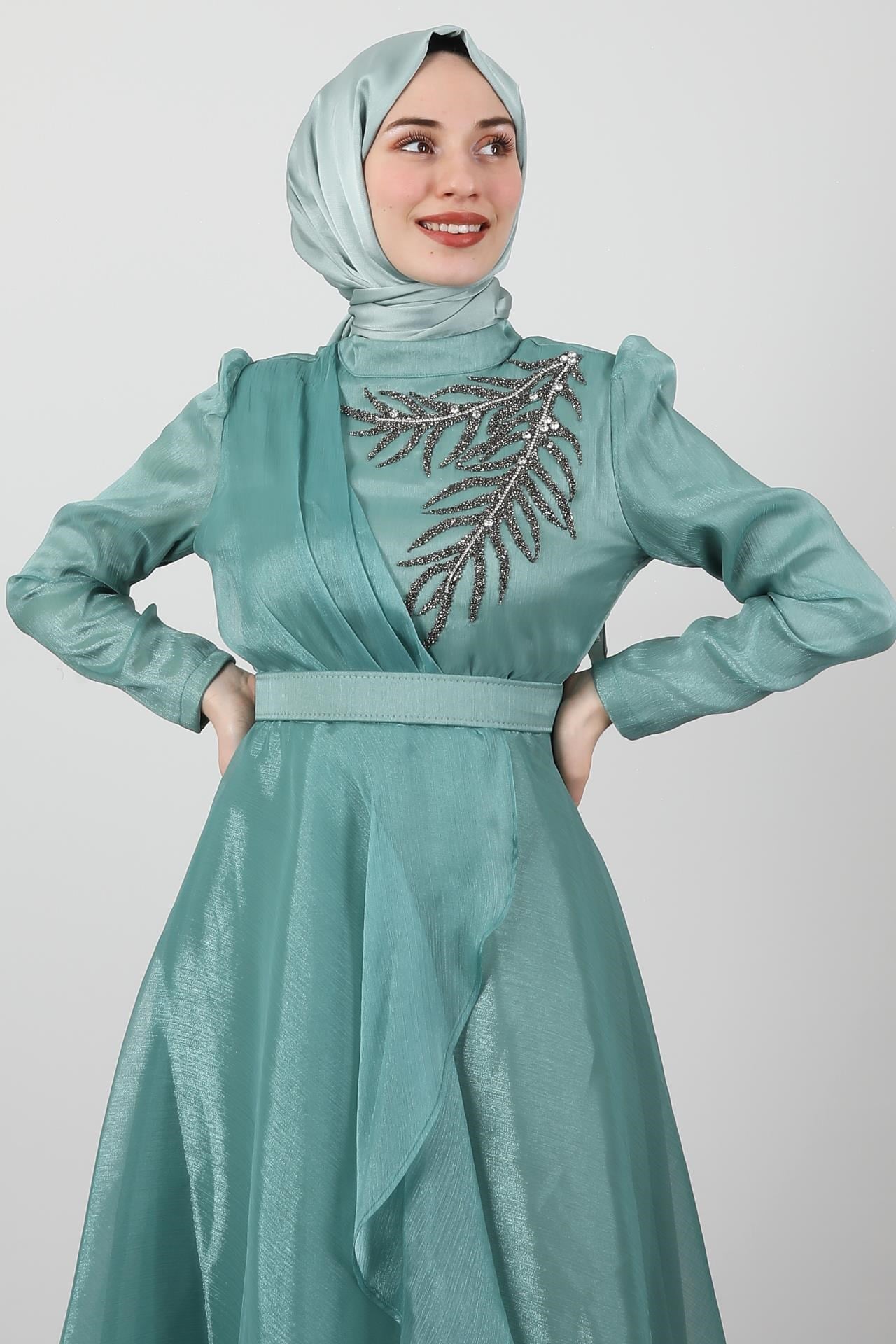 Taşlı Organze Abiye Mint