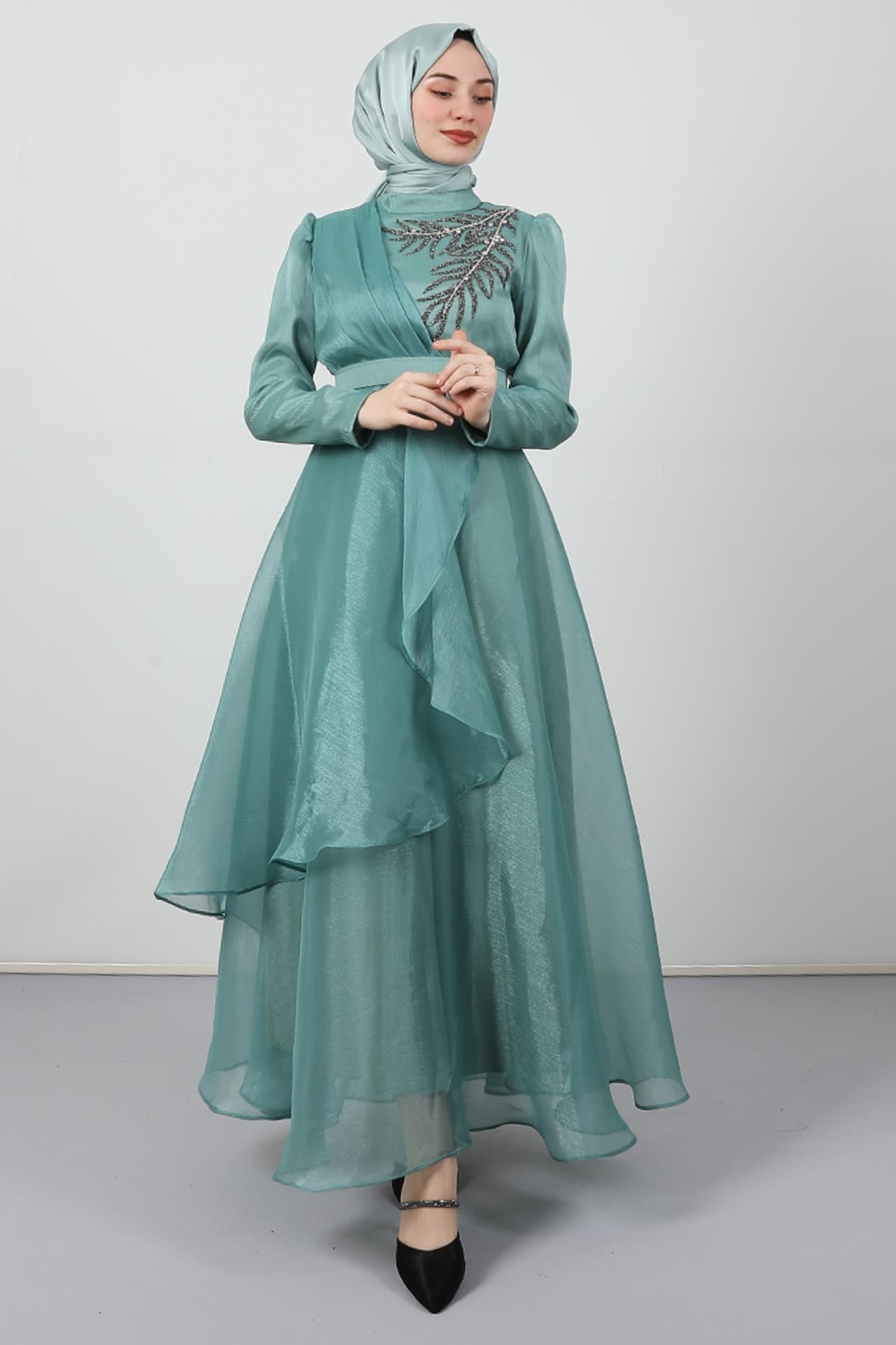 Taşlı Organze Abiye Mint