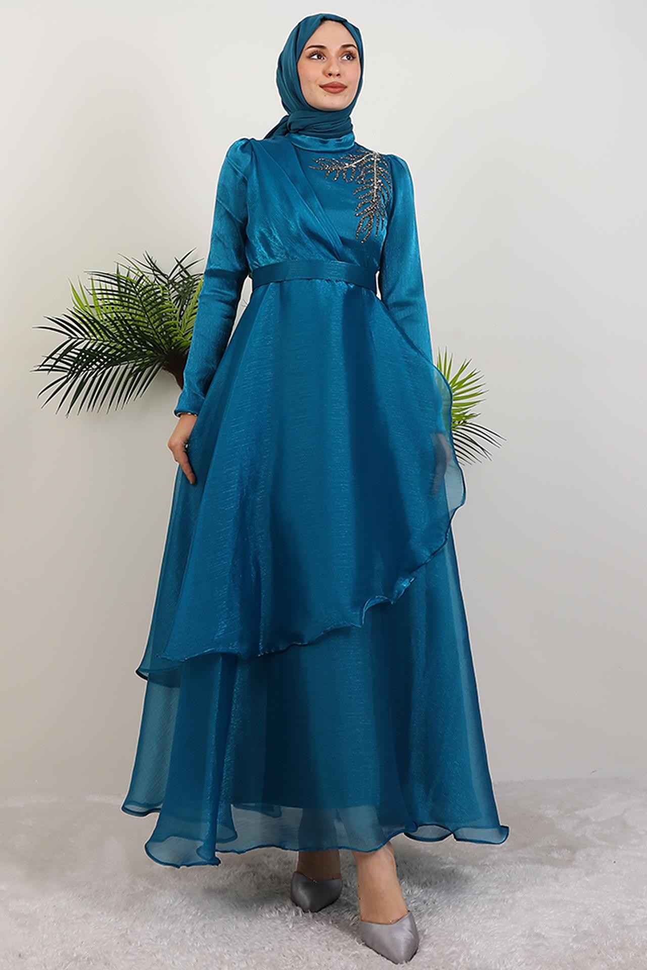 Taşlı Organze Abiye Petrol