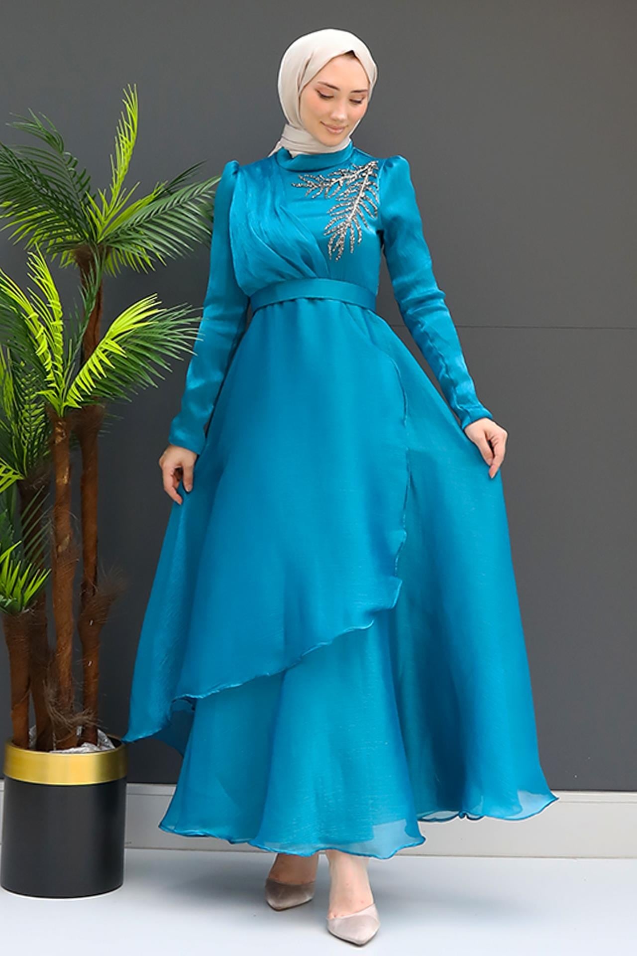 Taşlı Organze Abiye Petrol