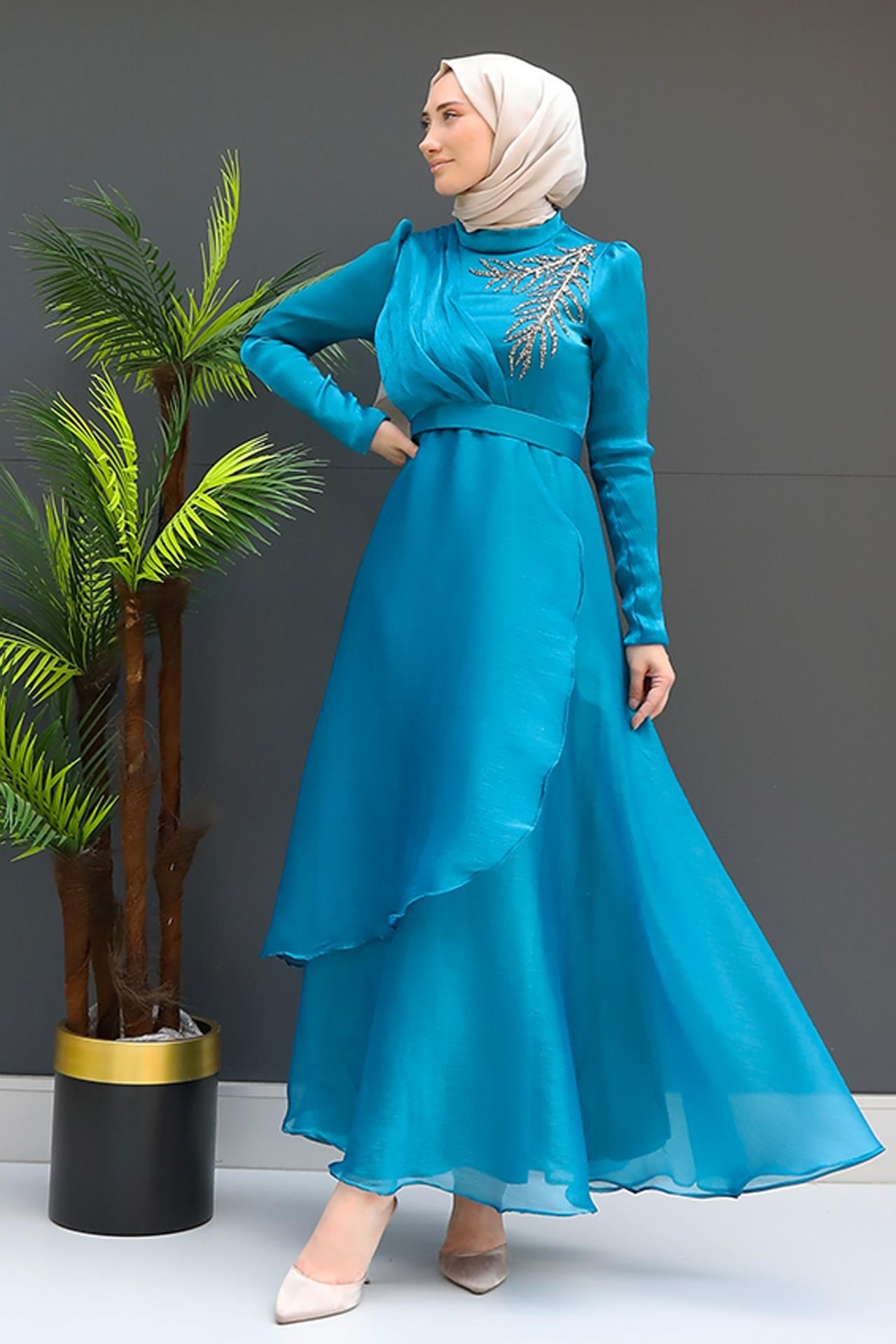 Taşlı Organze Abiye Petrol