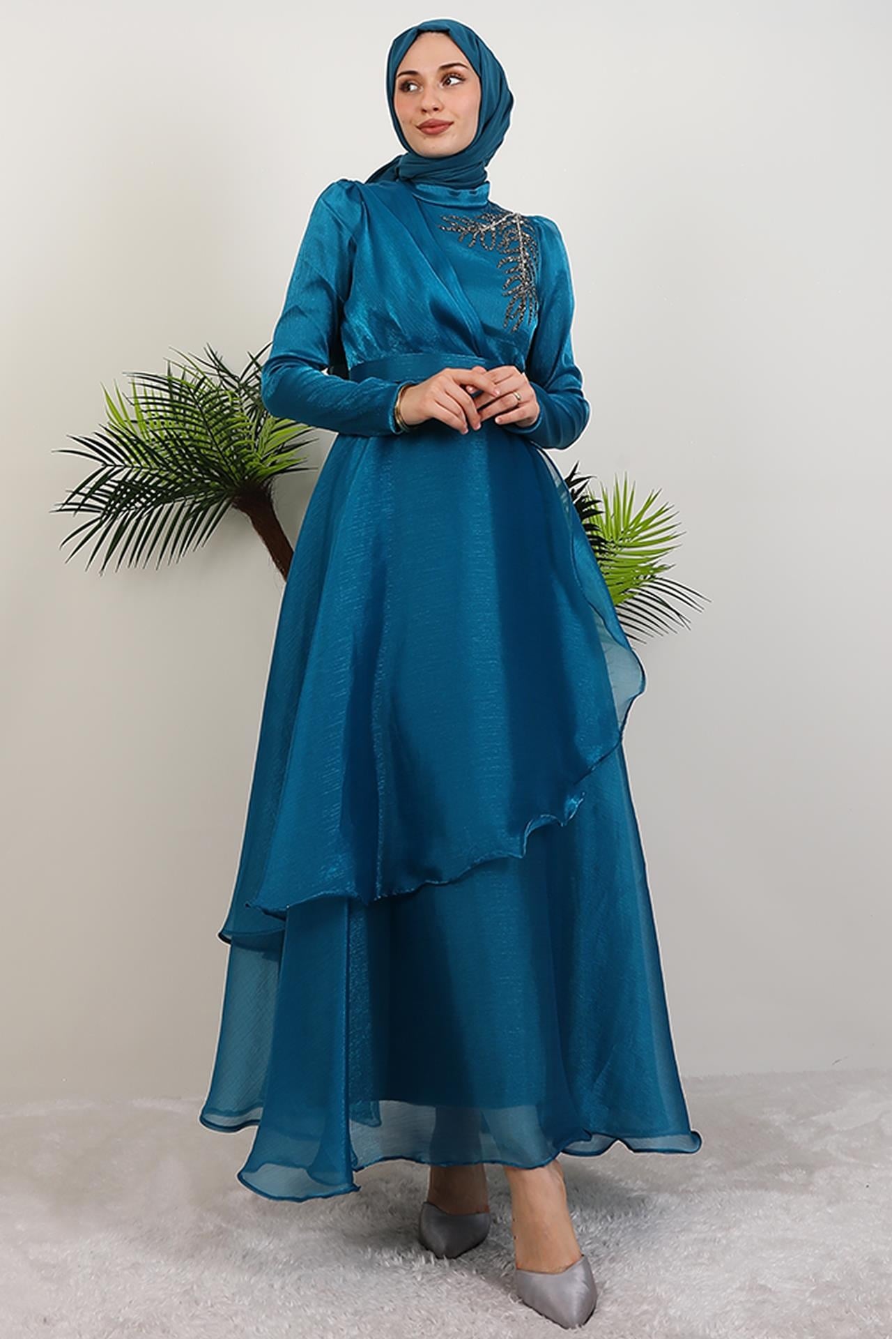 Taşlı Organze Abiye Petrol