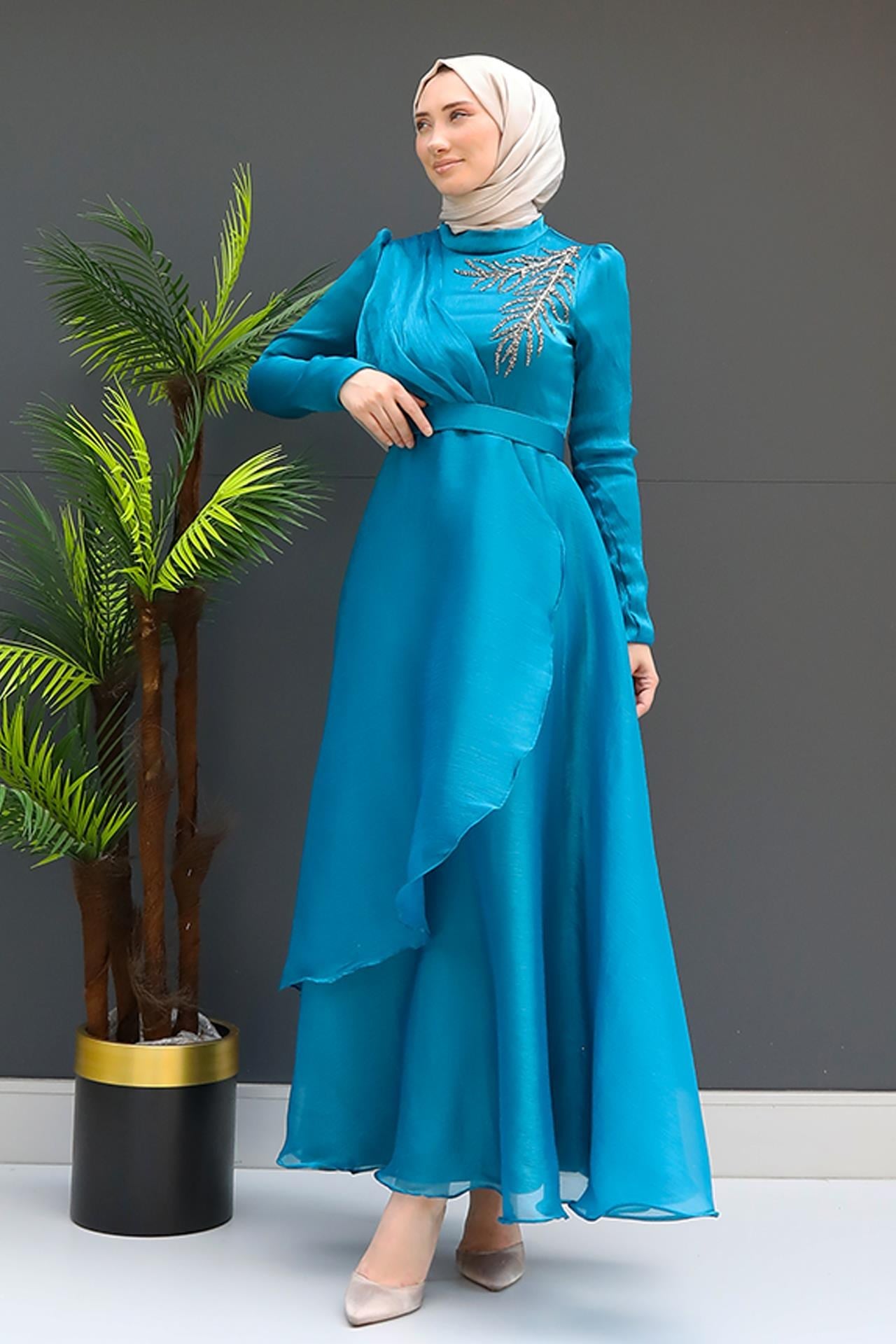 Taşlı Organze Abiye Petrol