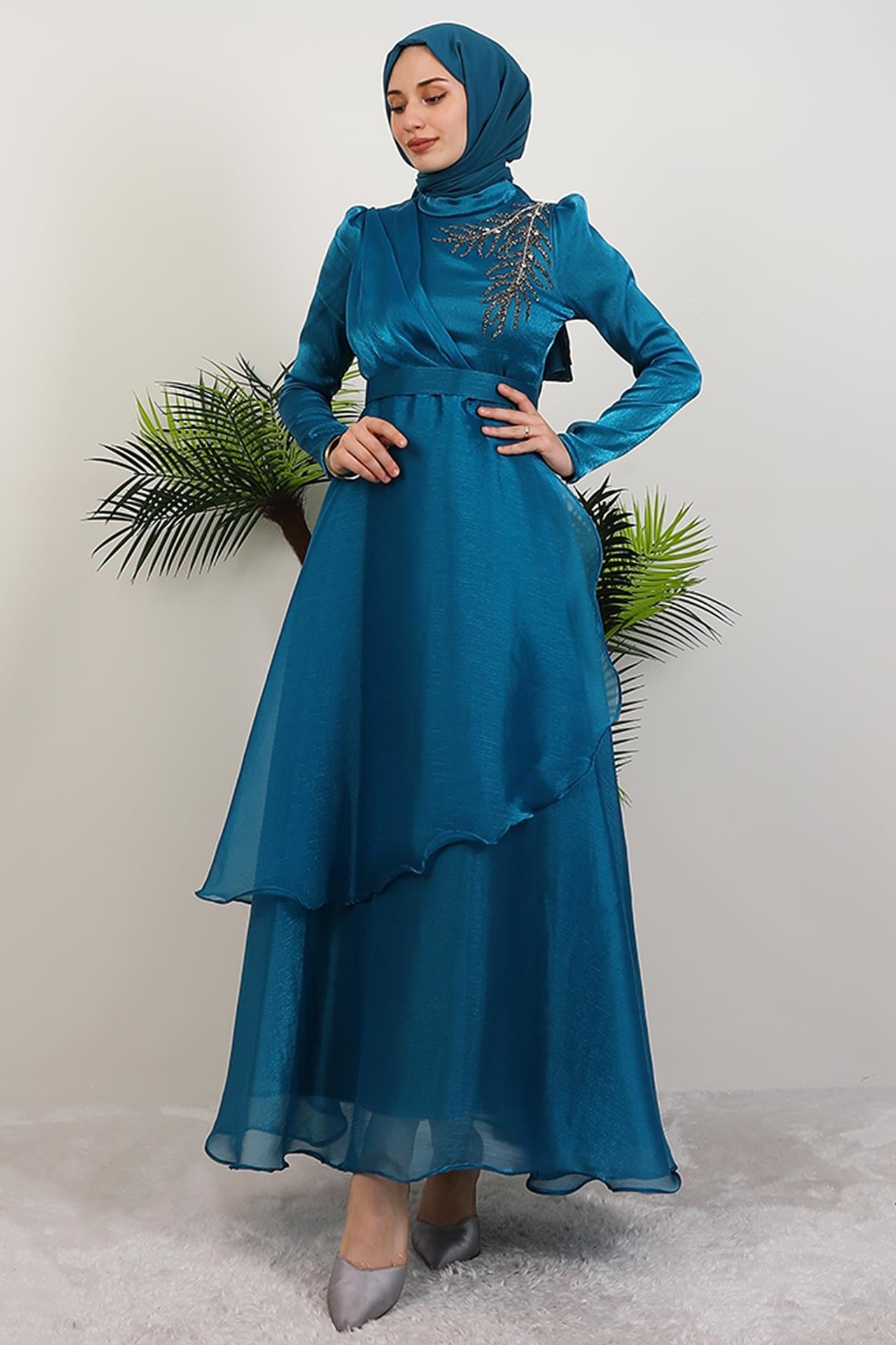 Taşlı Organze Abiye Petrol