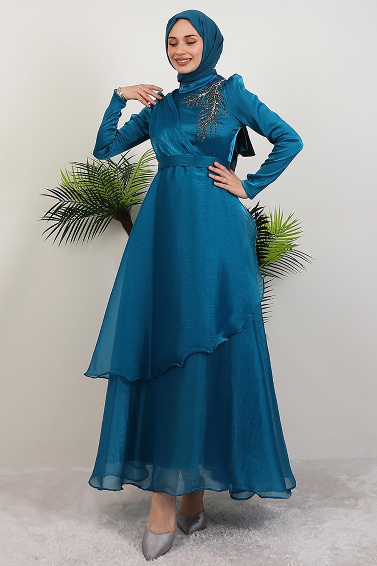 Taşlı Organze Abiye Petrol