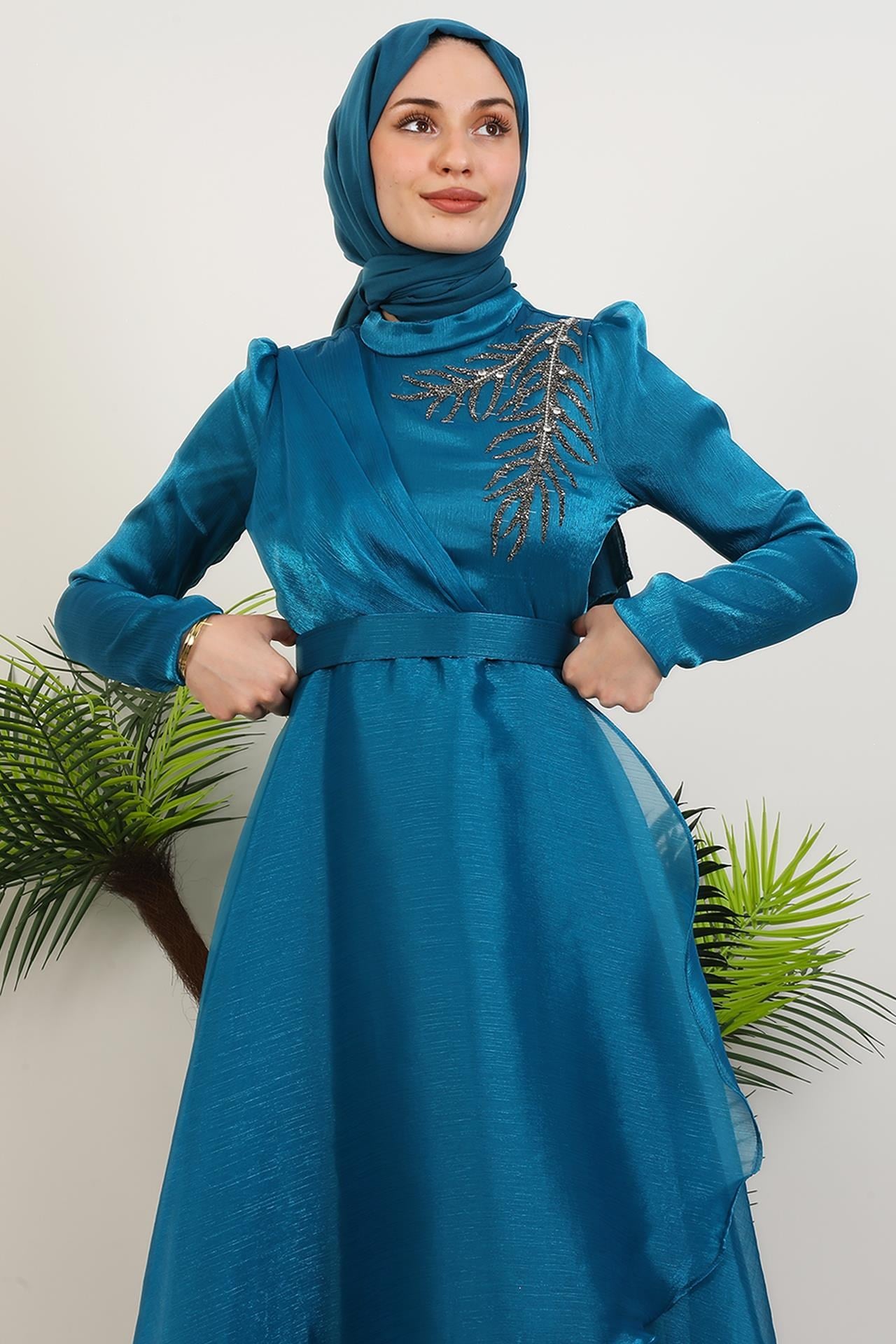 Taşlı Organze Abiye Petrol