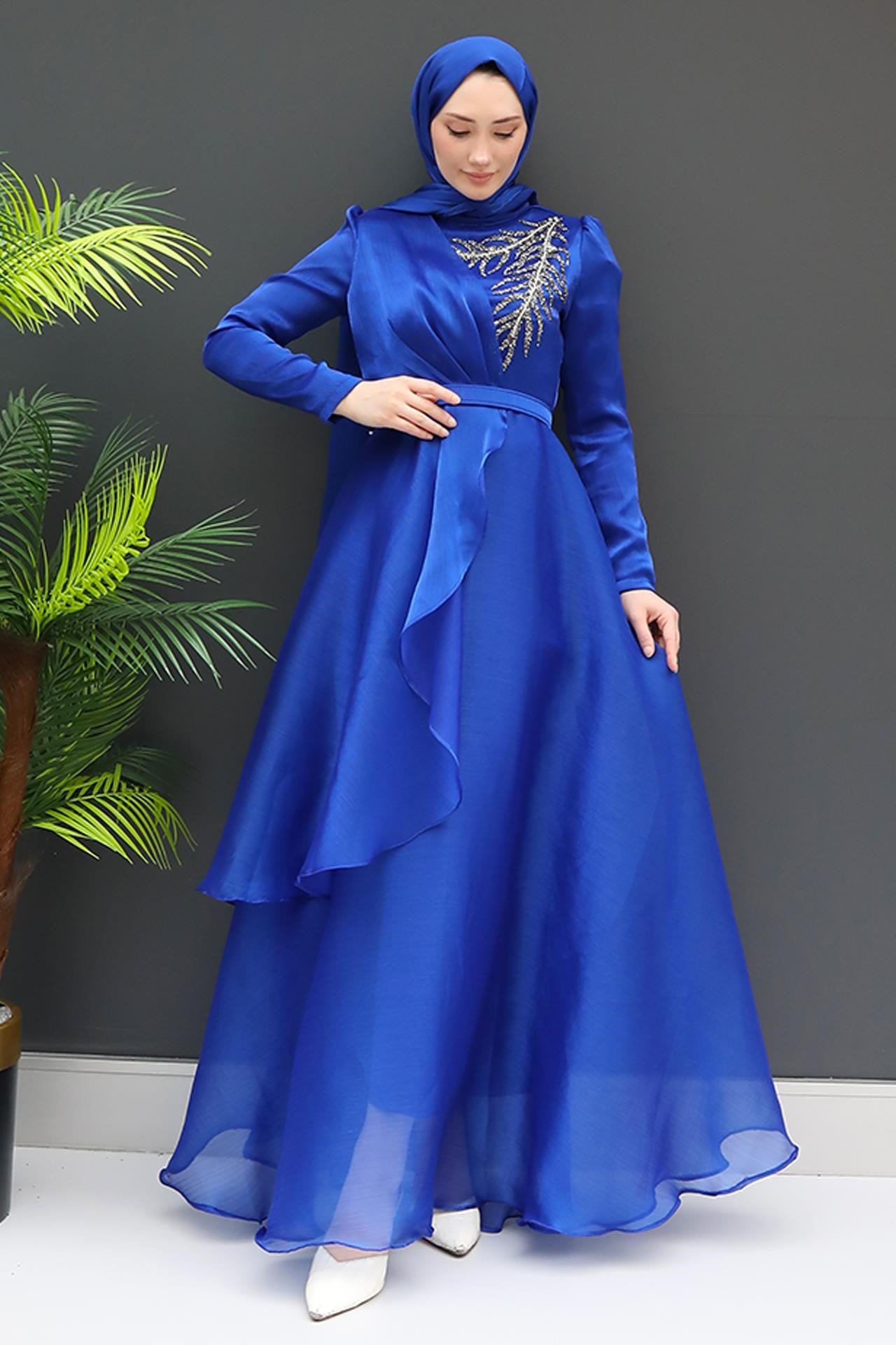 Taşlı Organze Abiye Saks