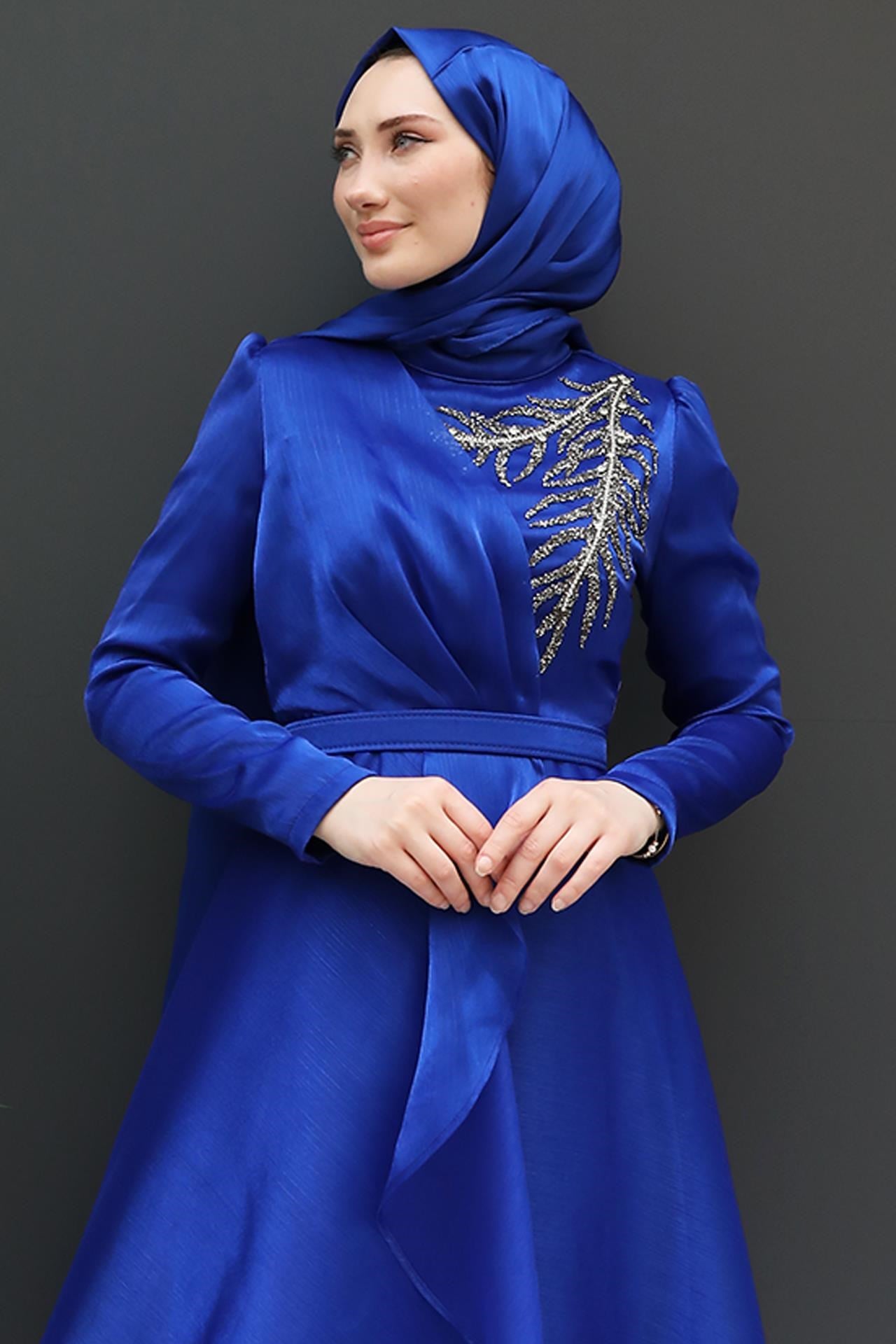 Taşlı Organze Abiye Saks
