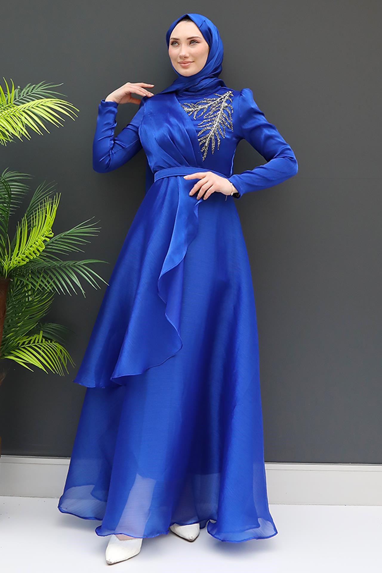 Taşlı Organze Abiye Saks