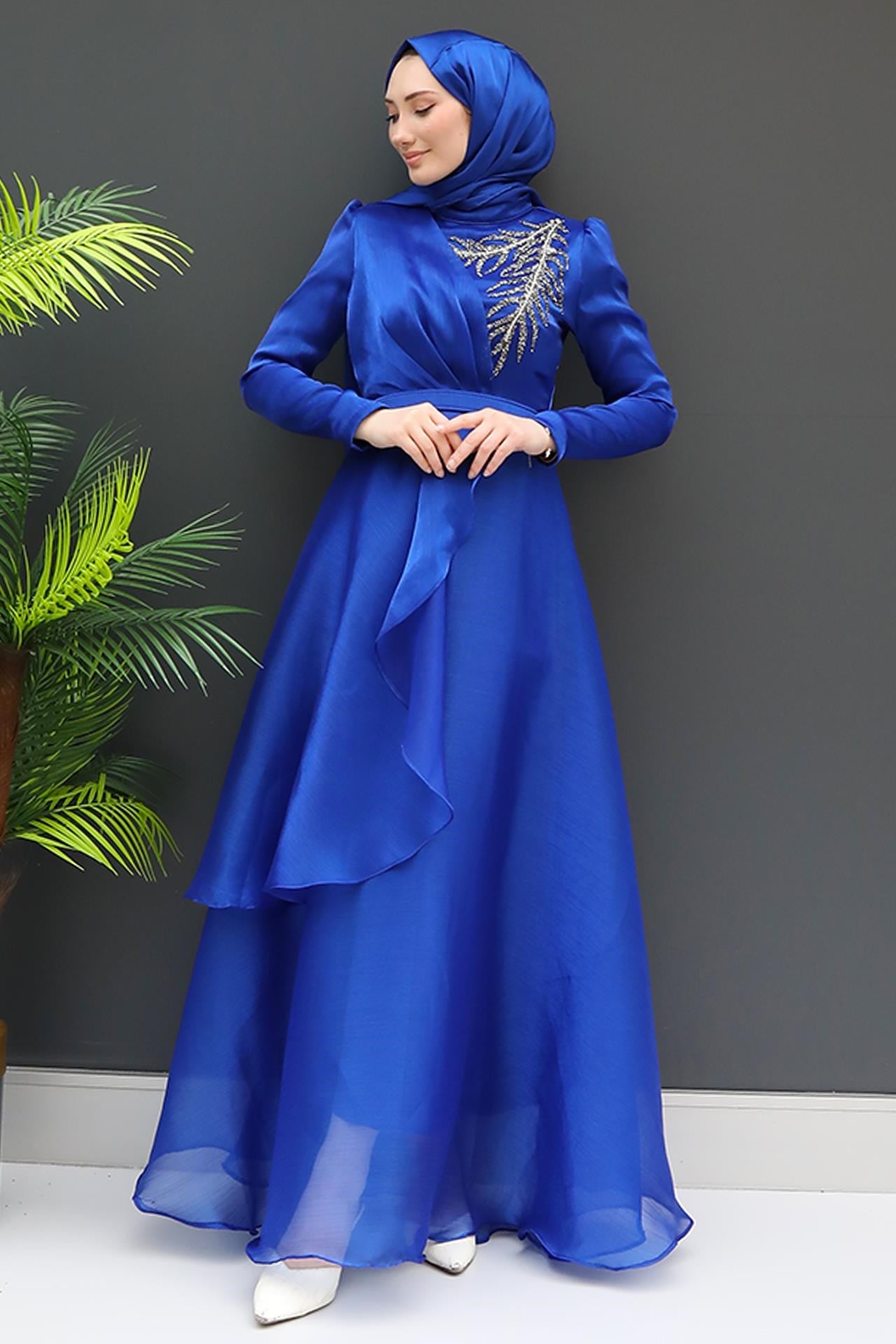 Taşlı Organze Abiye Saks