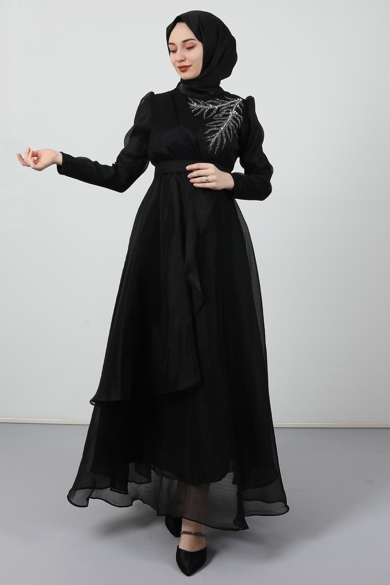 Taşlı Organze Abiye Siyah