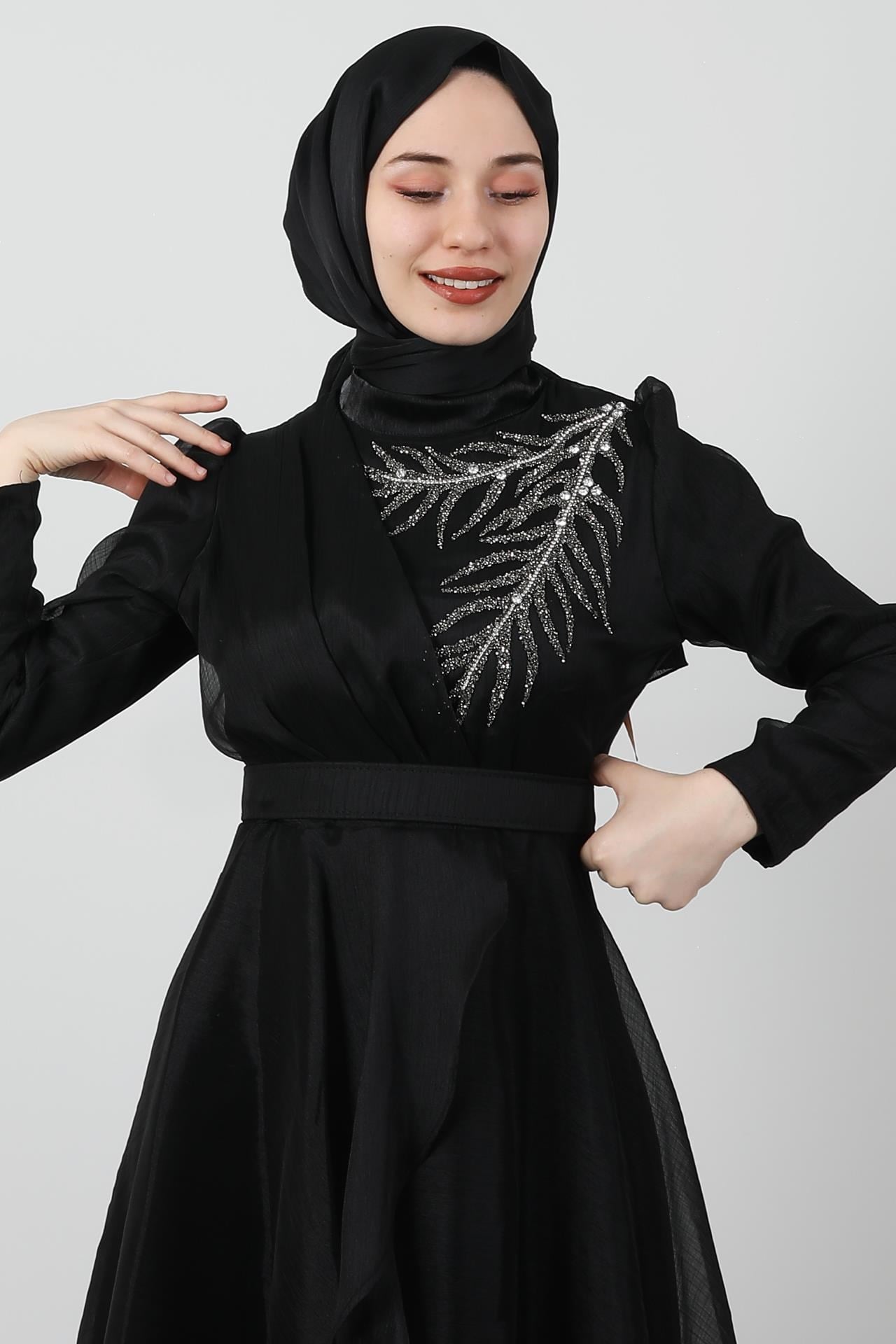 Taşlı Organze Abiye Siyah