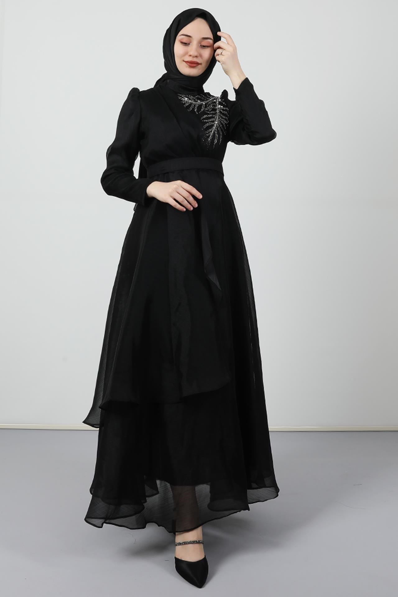 Taşlı Organze Abiye Siyah