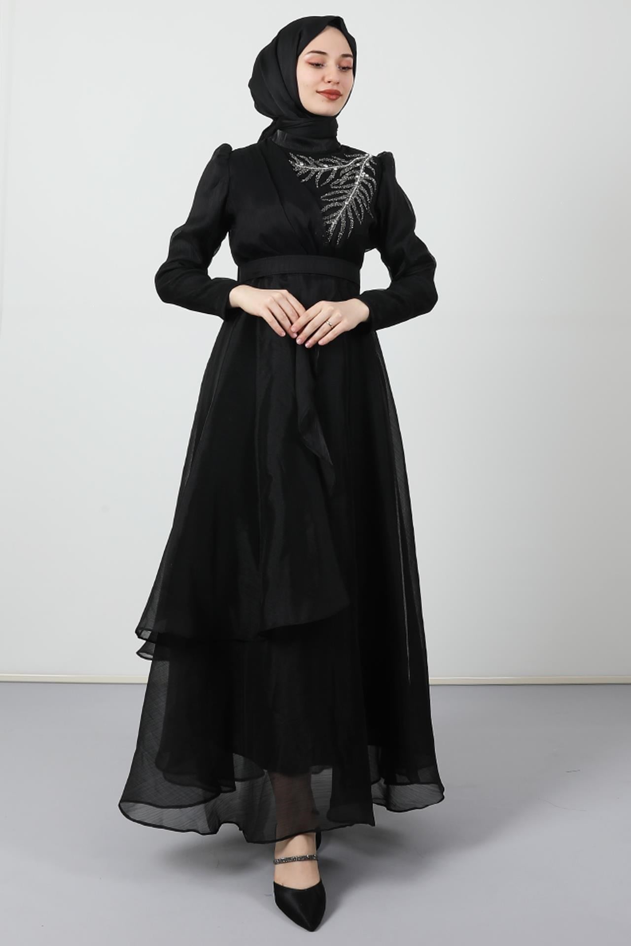 Taşlı Organze Abiye Siyah