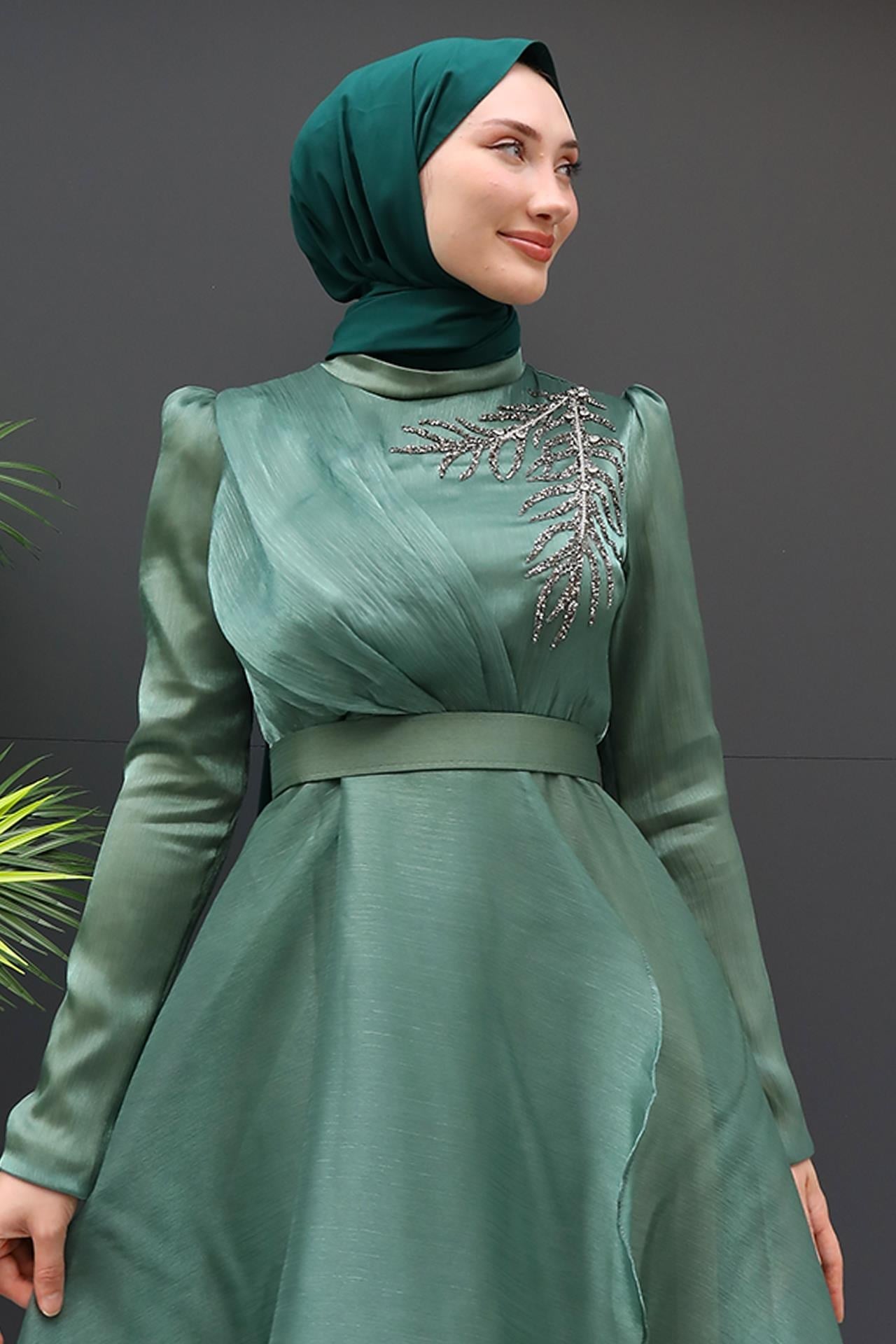 Taşlı Organze Abiye Soft Yeşil