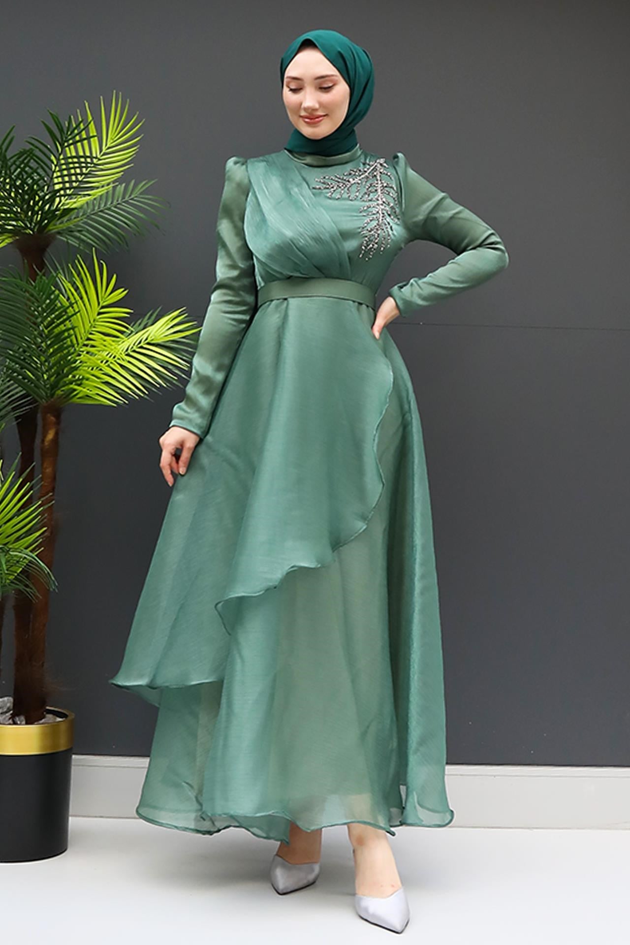 Taşlı Organze Abiye Soft Yeşil