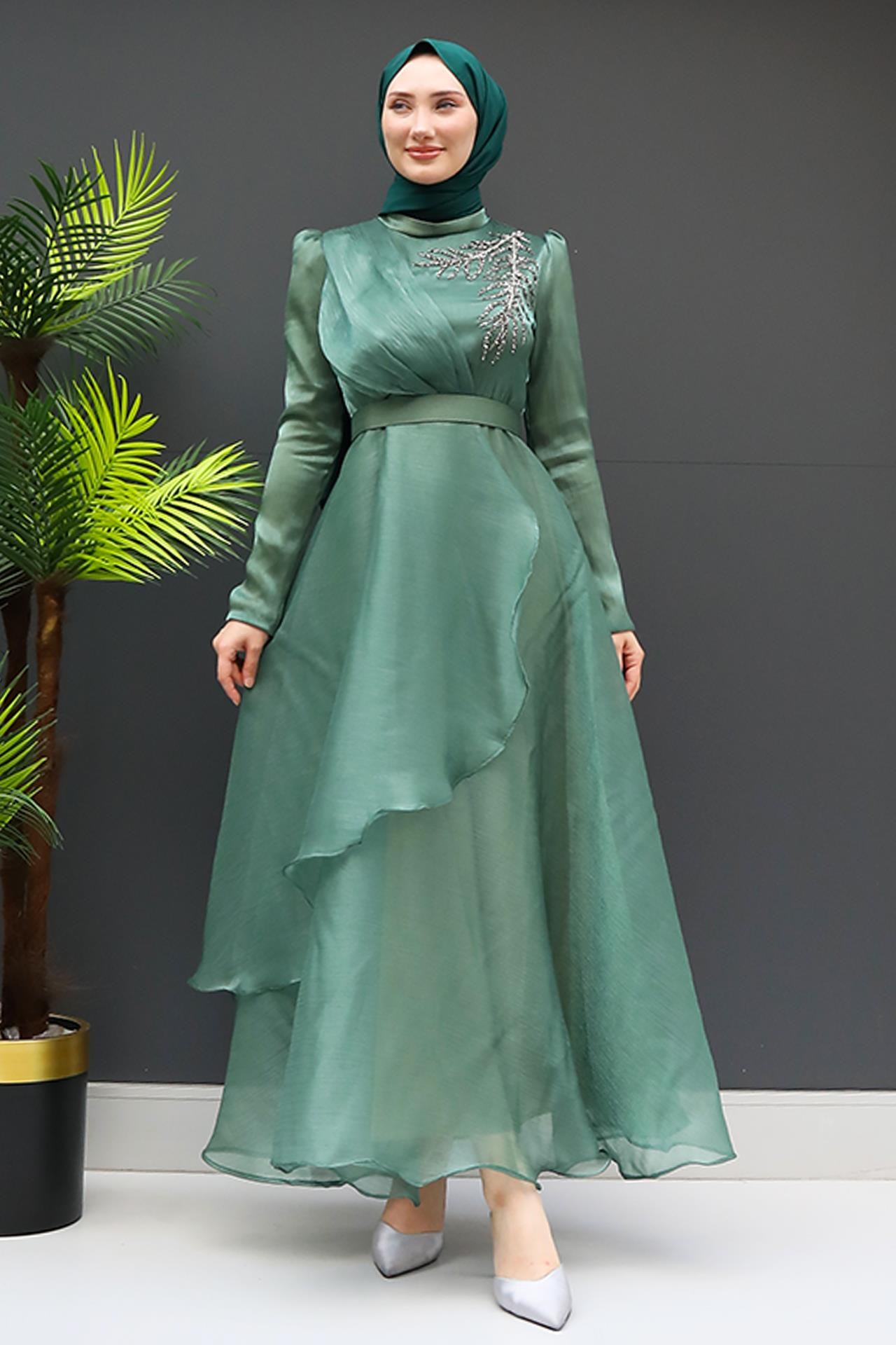 Taşlı Organze Abiye Soft Yeşil