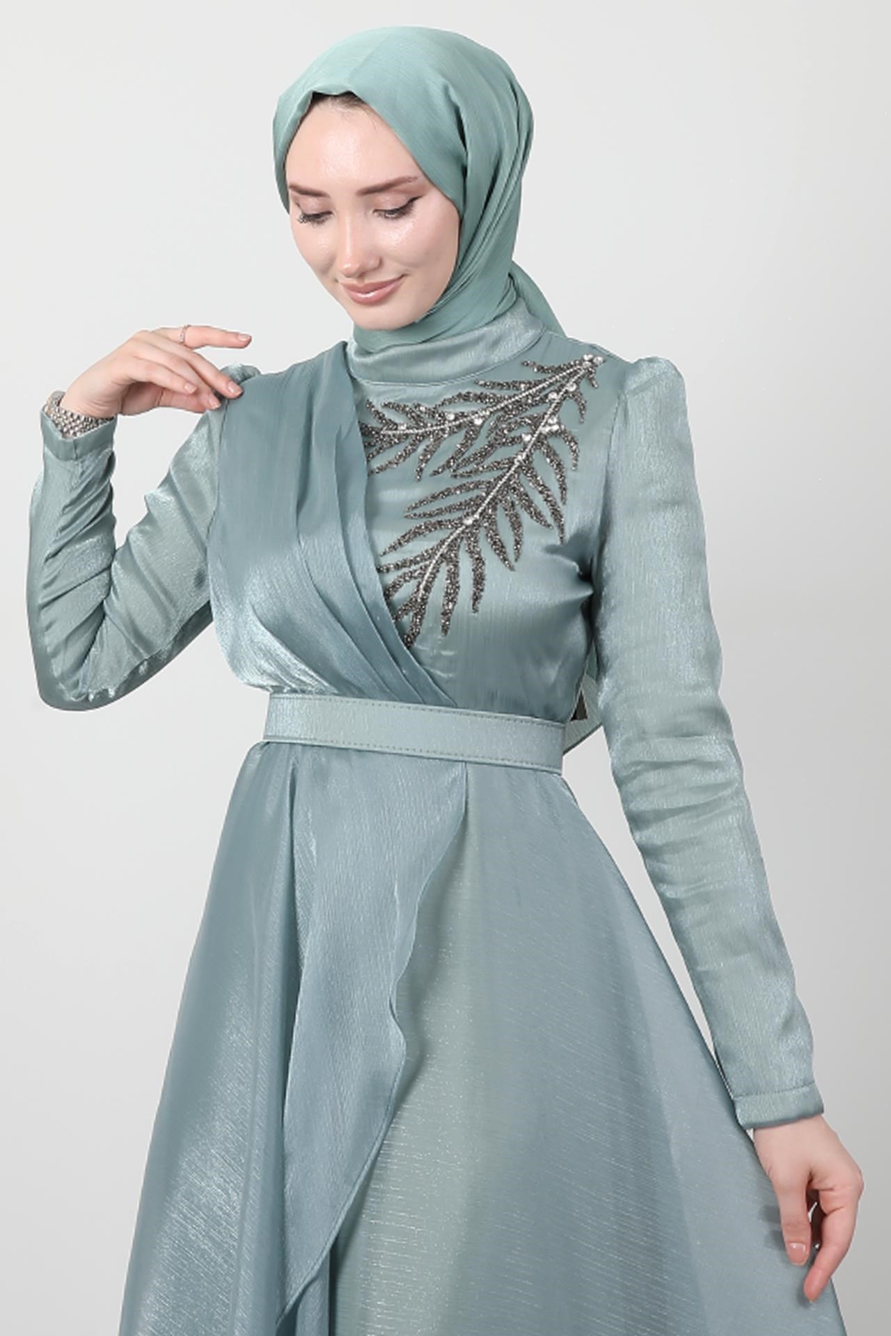 Taşlı Organze Abiye Soft Yeşil