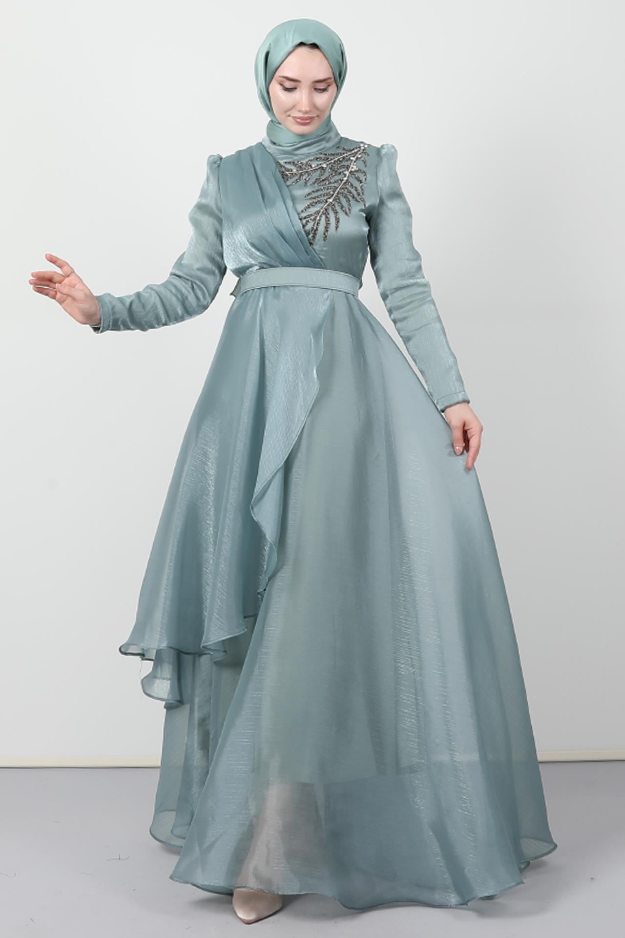Taşlı Organze Abiye Soft Yeşil