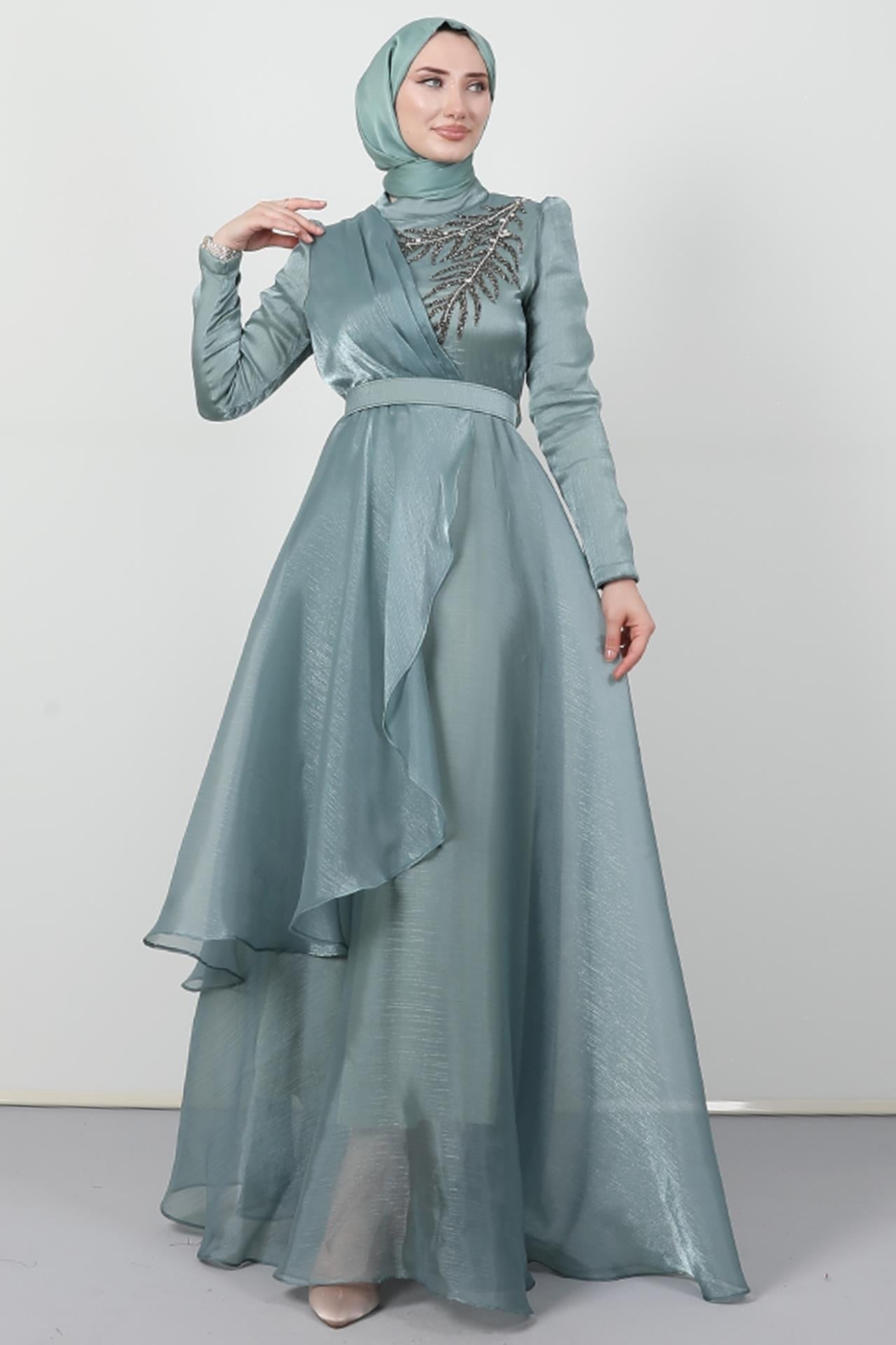 Taşlı Organze Abiye Soft Yeşil