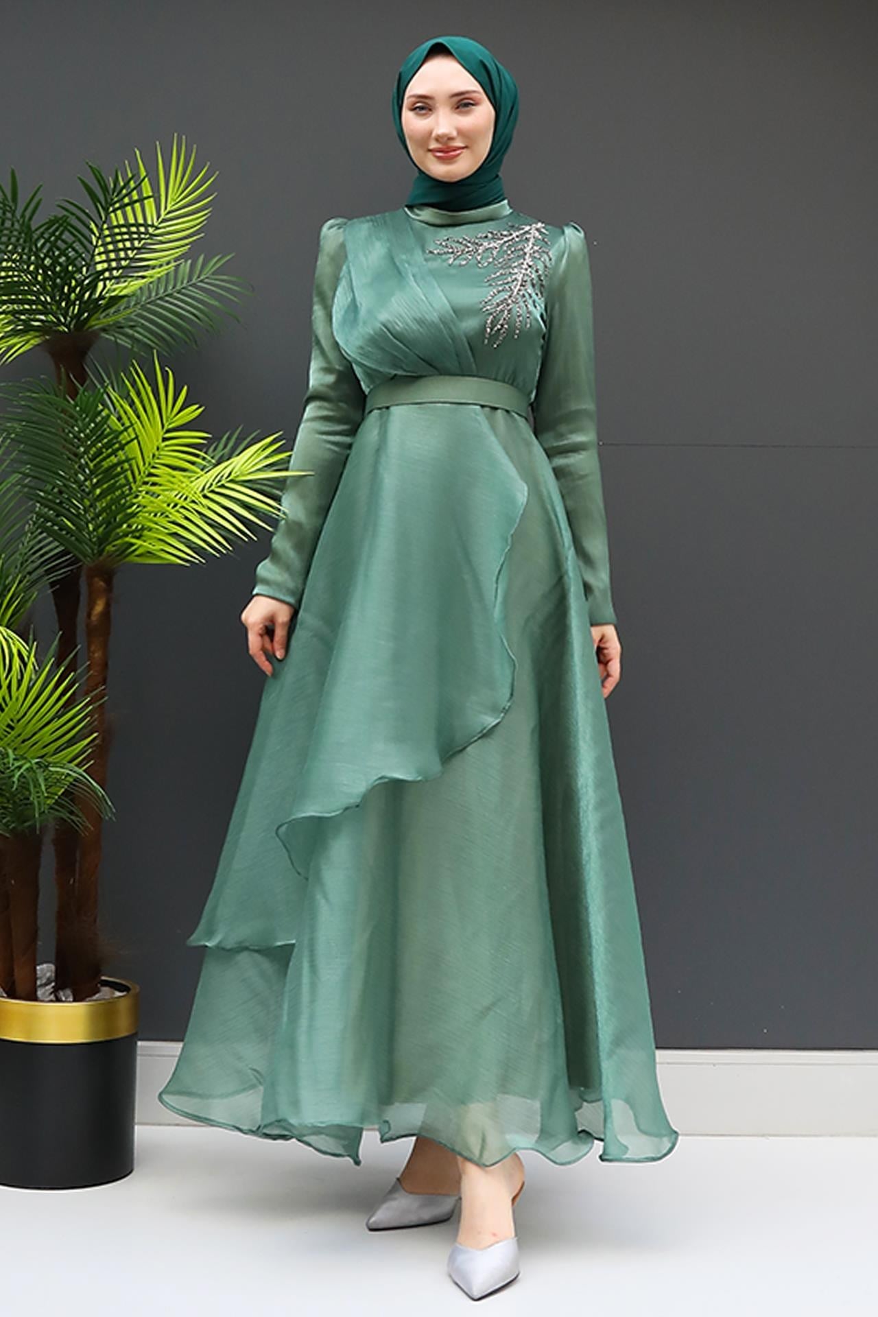 Taşlı Organze Abiye Soft Yeşil