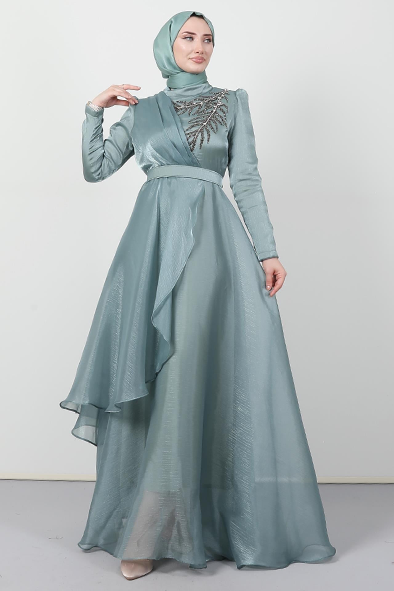 Taşlı Organze Abiye Soft Yeşil