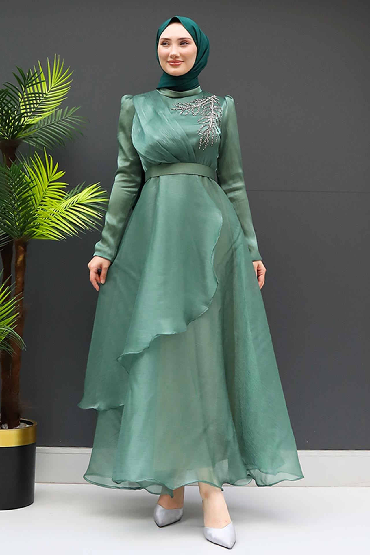 Taşlı Organze Abiye Soft Yeşil
