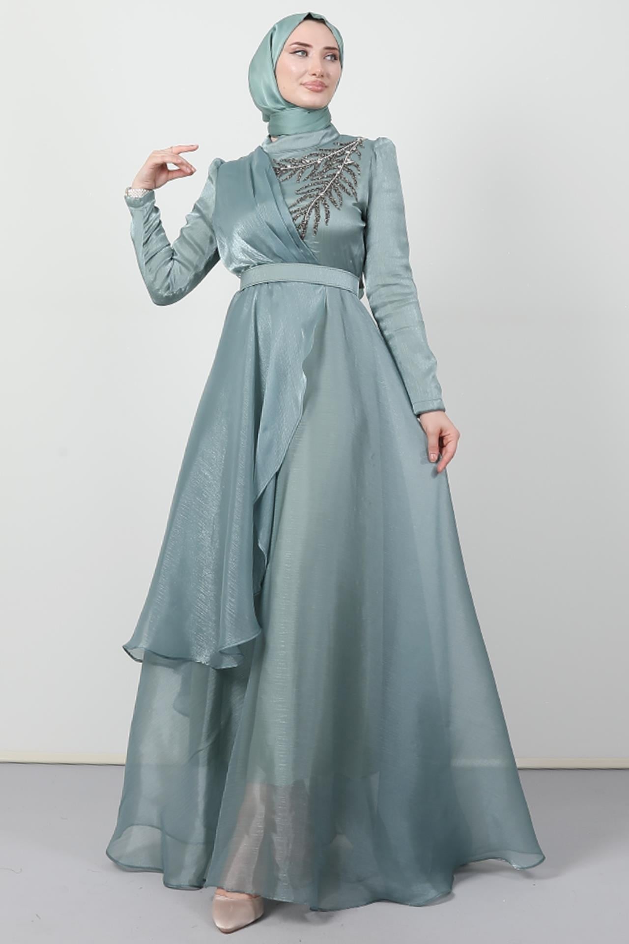 Taşlı Organze Abiye Soft Yeşil