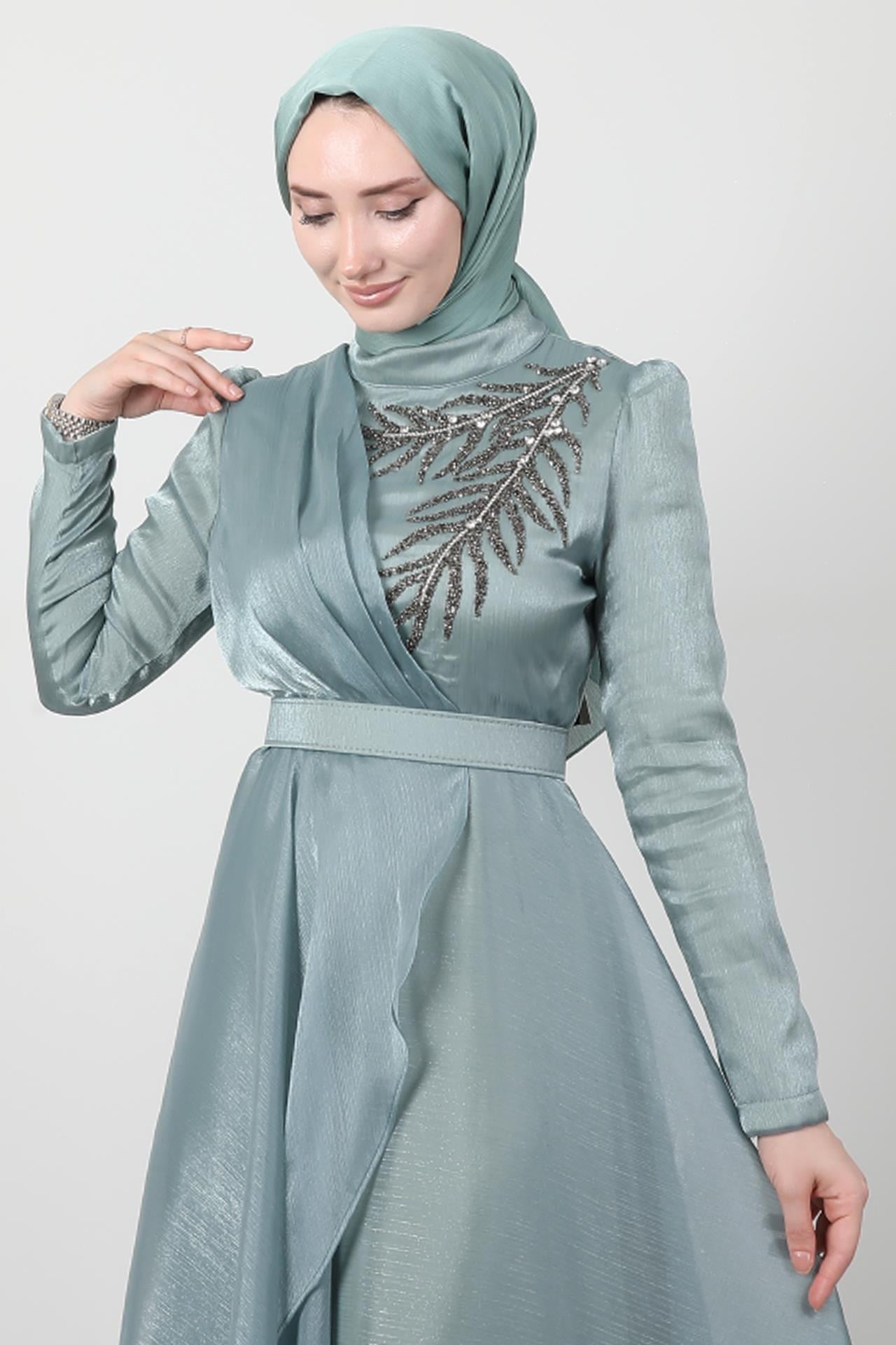 Taşlı Organze Abiye Soft Yeşil