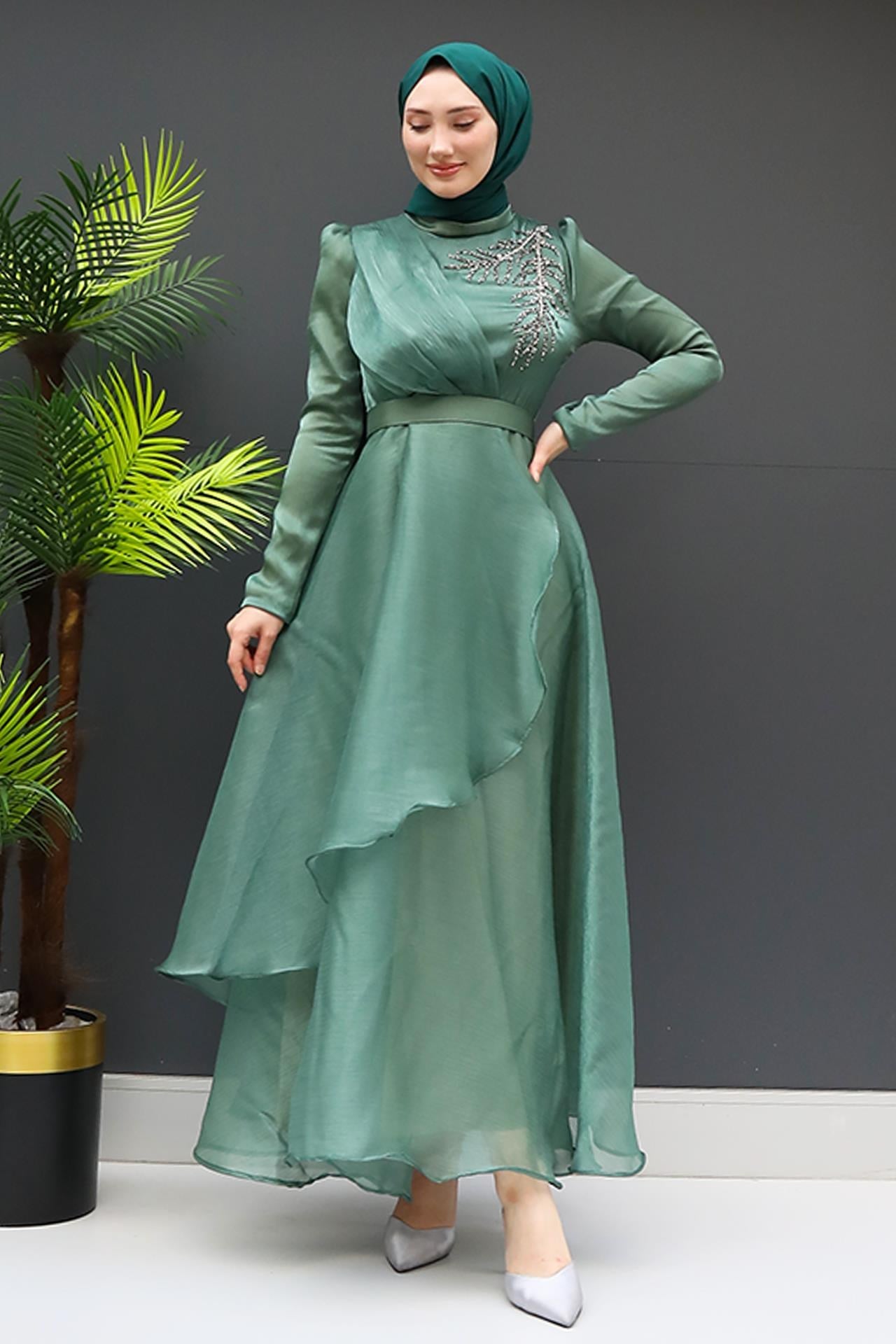 Taşlı Organze Abiye Soft Yeşil